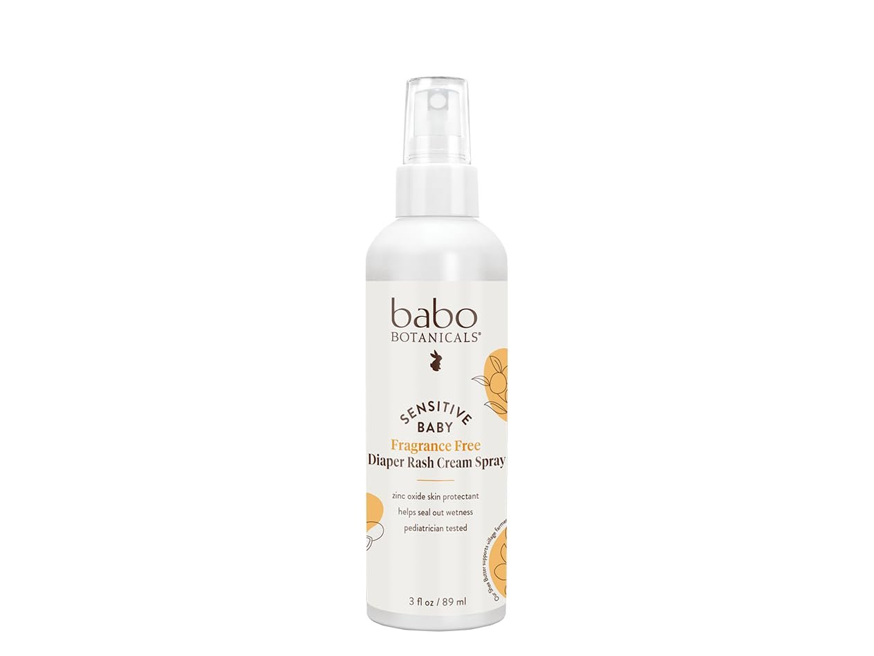 Babo Botanicals Sensitive Baby Fragrance-Free Diaper Rash Cream Spray – No touch, mess-free application – 14.9% Zinc Oxide – Shea Butter, Olive Oil & Aloe Vera – For Babies – 3fl.oz.