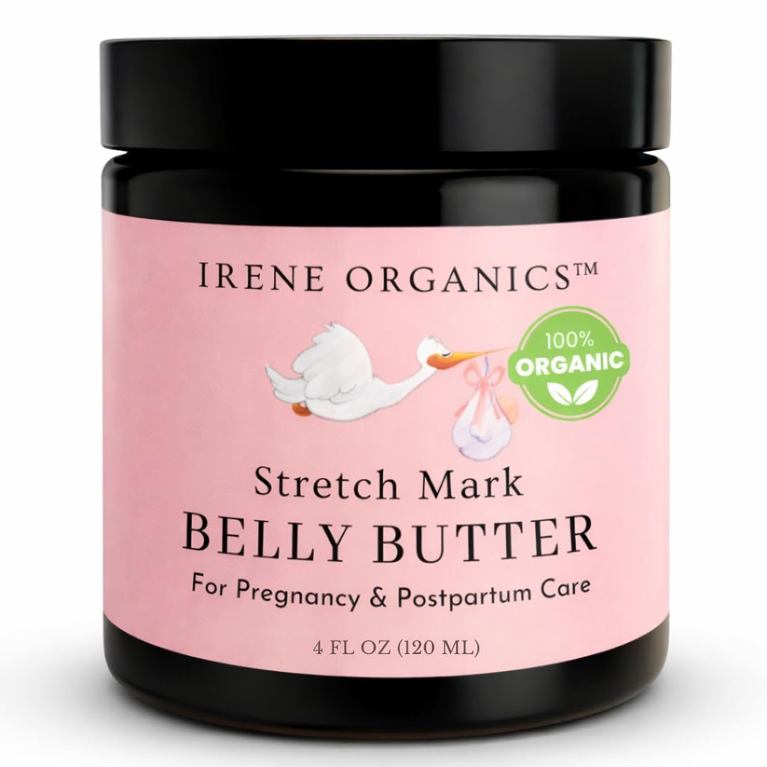 Organic Belly Butter for Pregnancy Stretch Mark Prevention and Treatment by Irene Organics – Award Winning Anti Stretch Mark Tummy Balm For Pregnancy and Postpartum 4oz – Hydrating Bump Cream