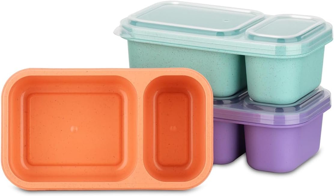 2-Compartment Reusable Snack Containers with Lids, Wheat Straw Reusable Snack Packs for Food Storage Meal Prep On-the-Go Snacking
