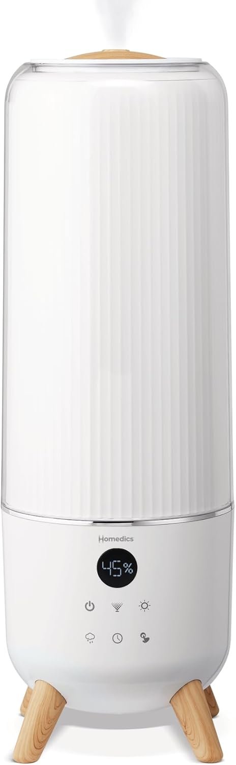 Homedics Ultrasonic Humidifier – Large Deluxe Air Humidifiers for Bedroom, Plants, Office – Top-Fill 1.47-Gallon Tank, Cool Mist, Essential Oil Pads and Built-In Timer, 3 Speed Settings, White