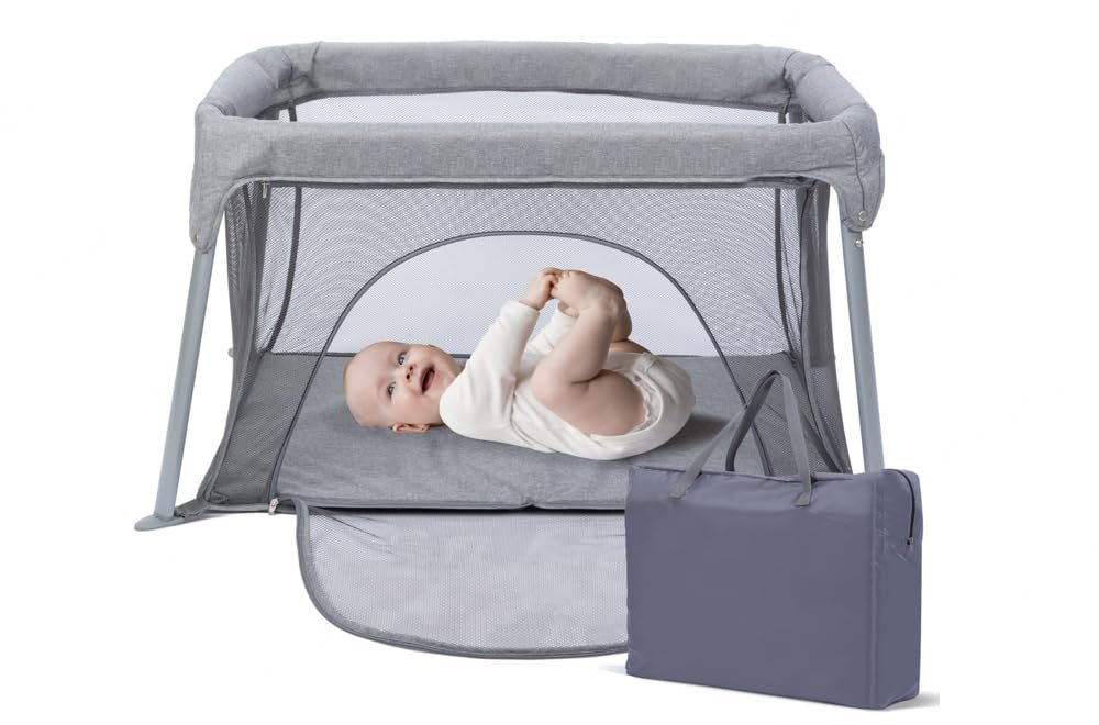 Lightweight Travel Crib – Portable Baby Playard，Foldable Play Yard with Zipper Door, No Tools Setup, Compact for On-The-Go