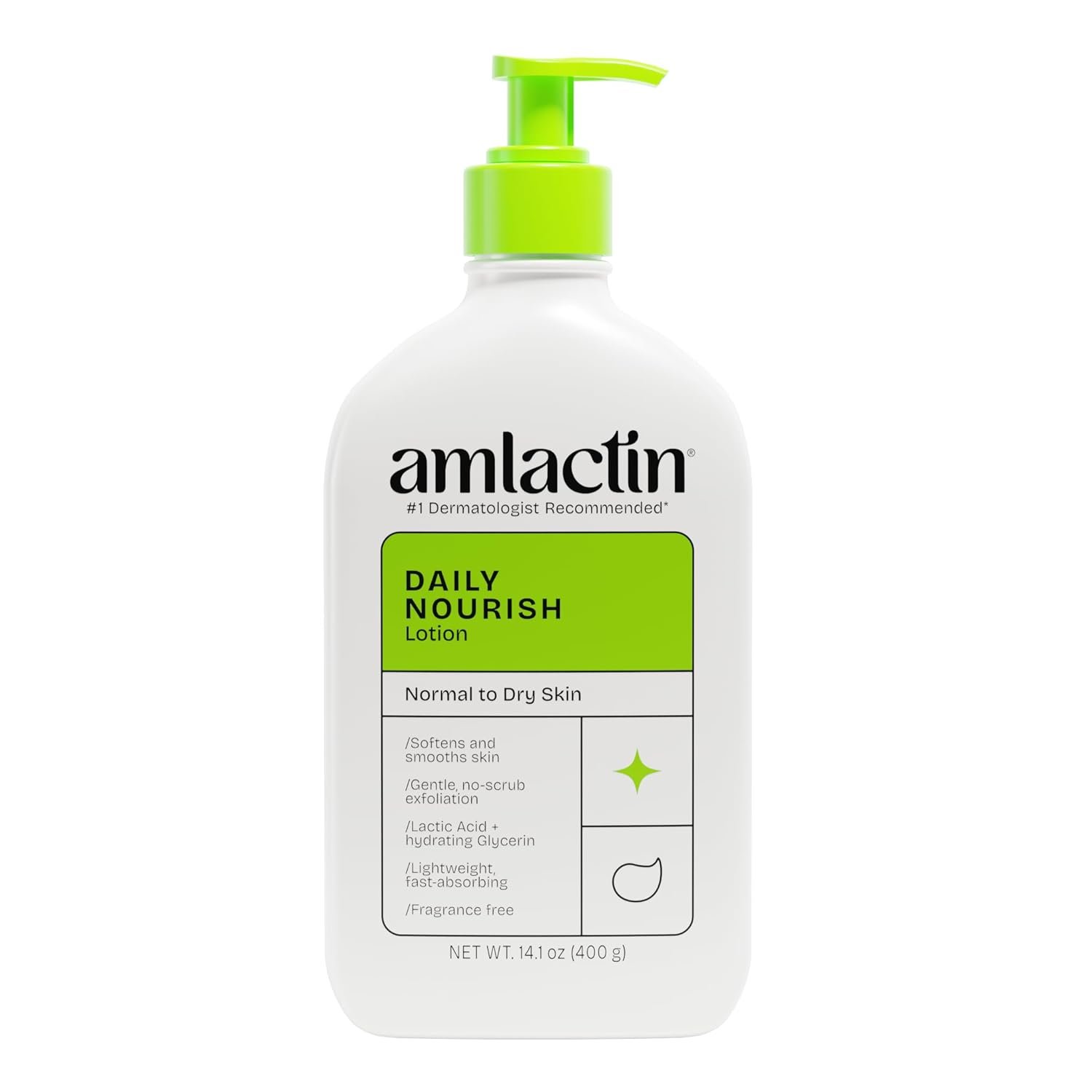 AmLactin Daily Nourish Therapeutic Body Lotion for Dry Skin – No-Scrub Exfoliator and Moisturizer 12% Lactic Acid Lotion, 14.1 oz (Packaging May Vary)