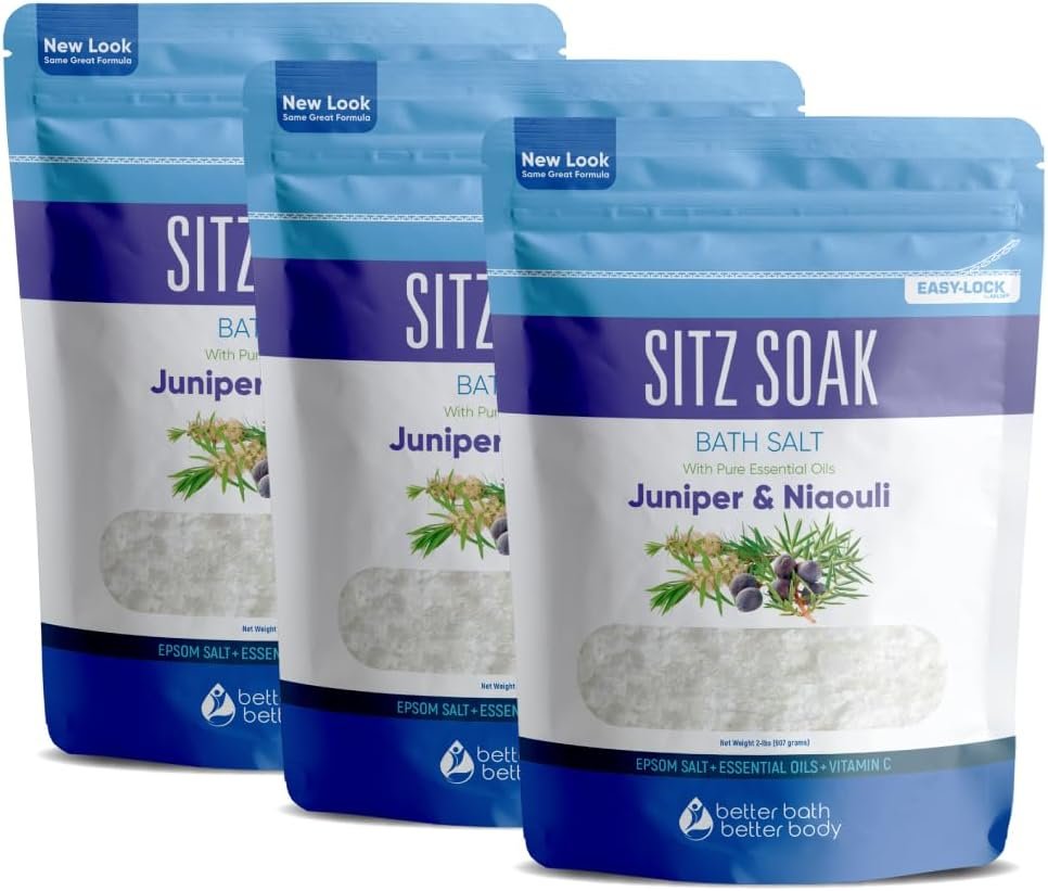 Sitz Bath Salt (3 Pack Soaks Bundle) Hemorrhoid Soothing Sitz Soak USP Grade Epsom Salt 3 Pouches 6 Lbs Total with Pure Essential Oils in BPA Free Pouch with Easy Press Seal Made in USA