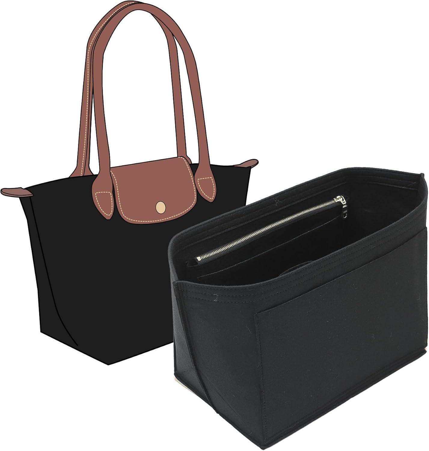 Fit Longchamp Organizer Insert, for Long Champ Le Pliage L Bag Handbag Women, with Cup Holder, Large/Black