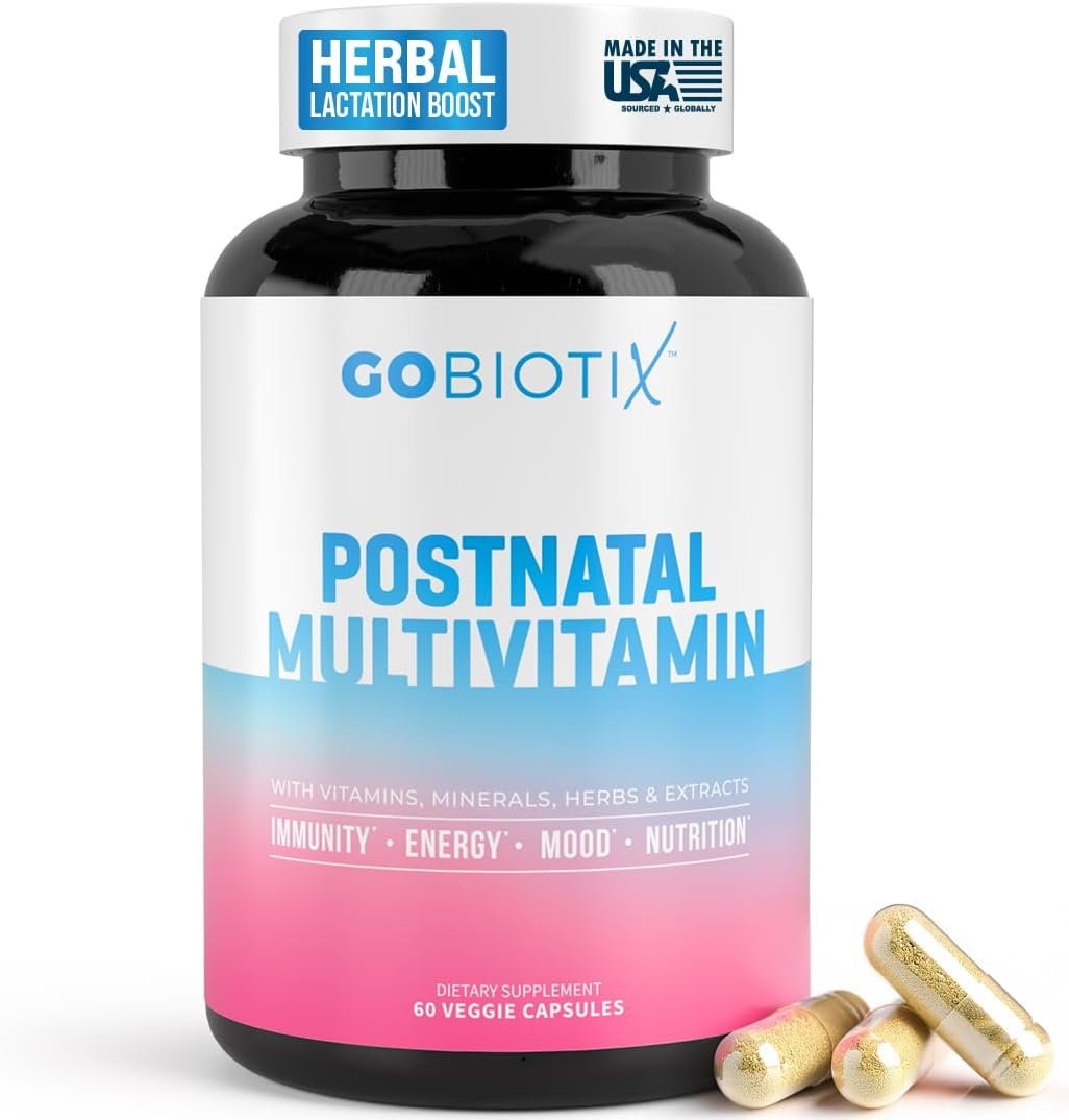 GOBIOTIX Postpartum Vitamins for Breastfeeding Moms – Postnatal Lactation Supplement with Organic Herbs, Minerals, Nutrients for New Mothers and Baby – Postpartum Essentials, Non GMO, Vegan, 60 Caps