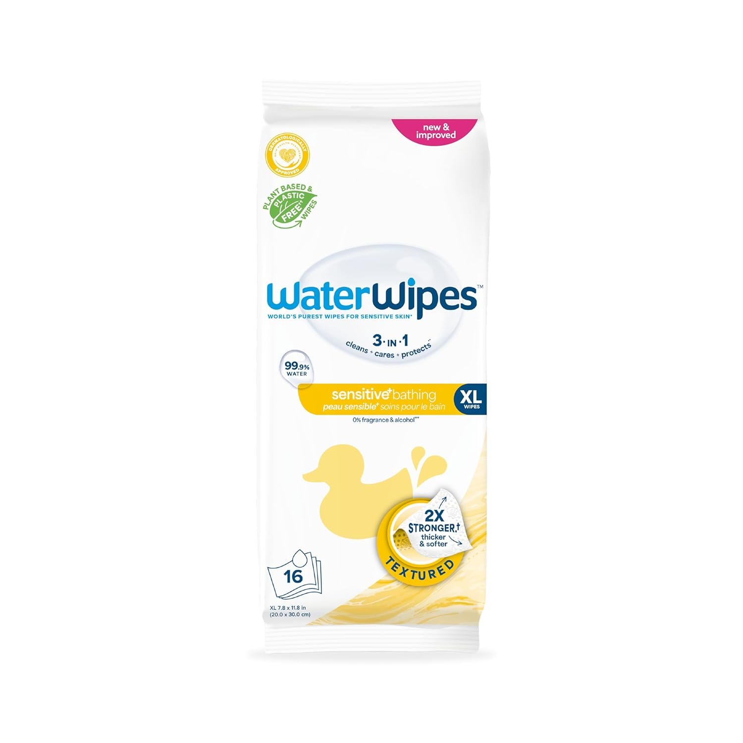 WaterWipes Sensitive+ Bathing Wipes, 3-In-1 Cleans, Cares, Protects, 99.9% Water, Unscented & Hypoallergenic, 16 Count (1 Pack)
