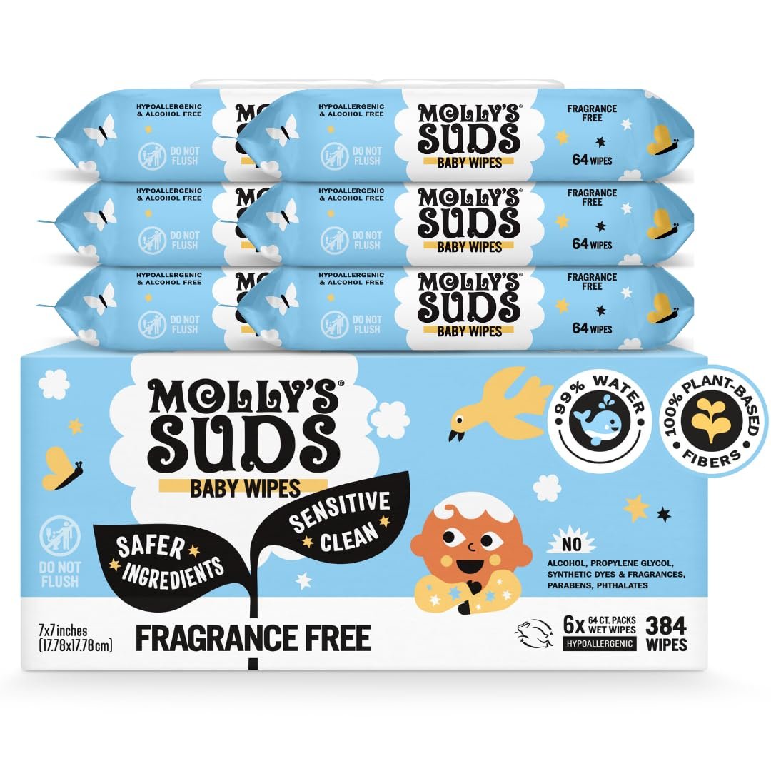 Molly’s Suds Sensitive Clean Baby Wipes | 99% Water, Plant-Based, Fragrance Free | 384 Total Wipes (6 Flip-Top Packs)