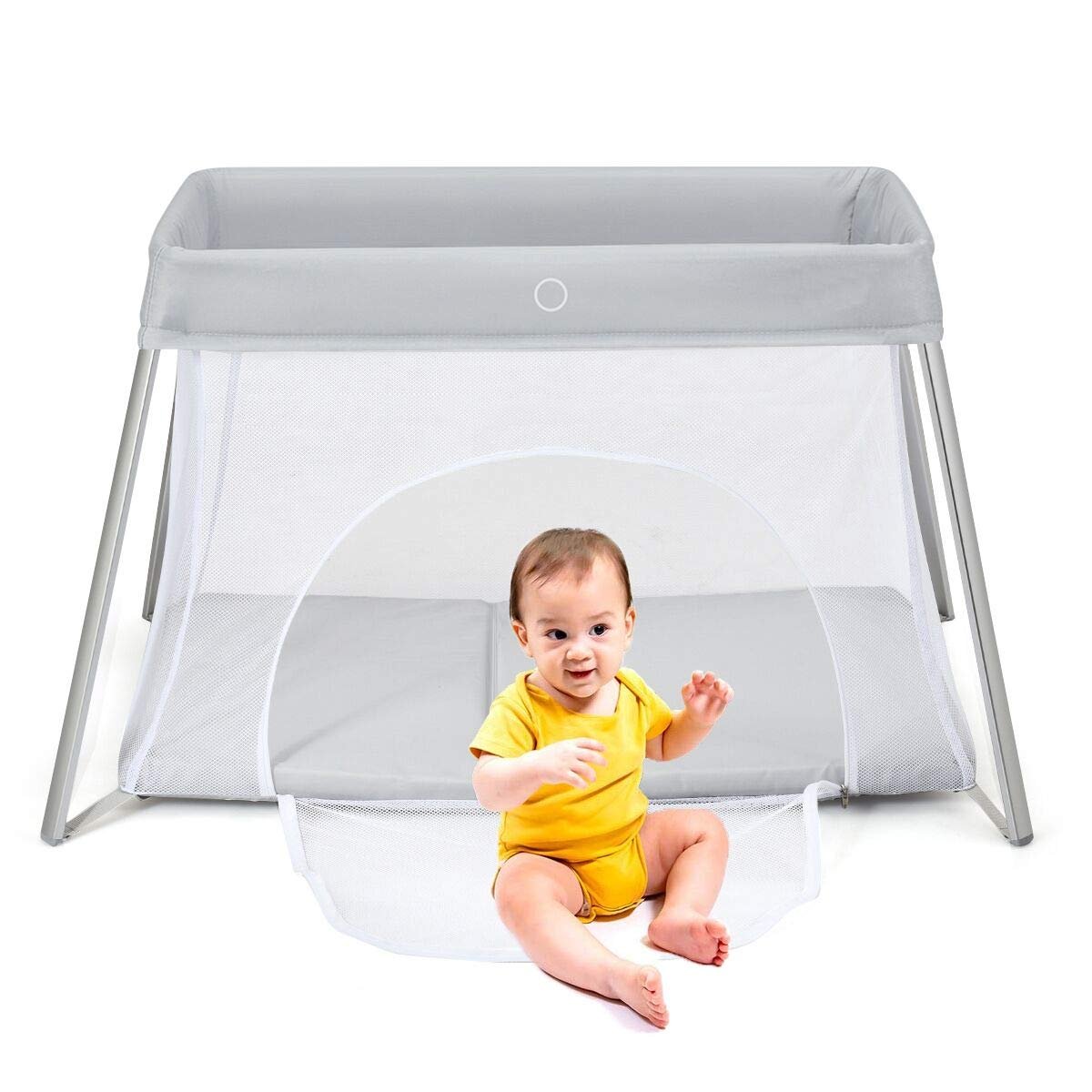 HONEY JOY Baby Travel Crib, Portable Pack and Play Travel Bassinet with Carry Bag, Lightweight Baby Playpen w/Washable Mattress, Side Zipper Door, Large Foldable Play-Yard for Infant Boy Girl (Sliver)