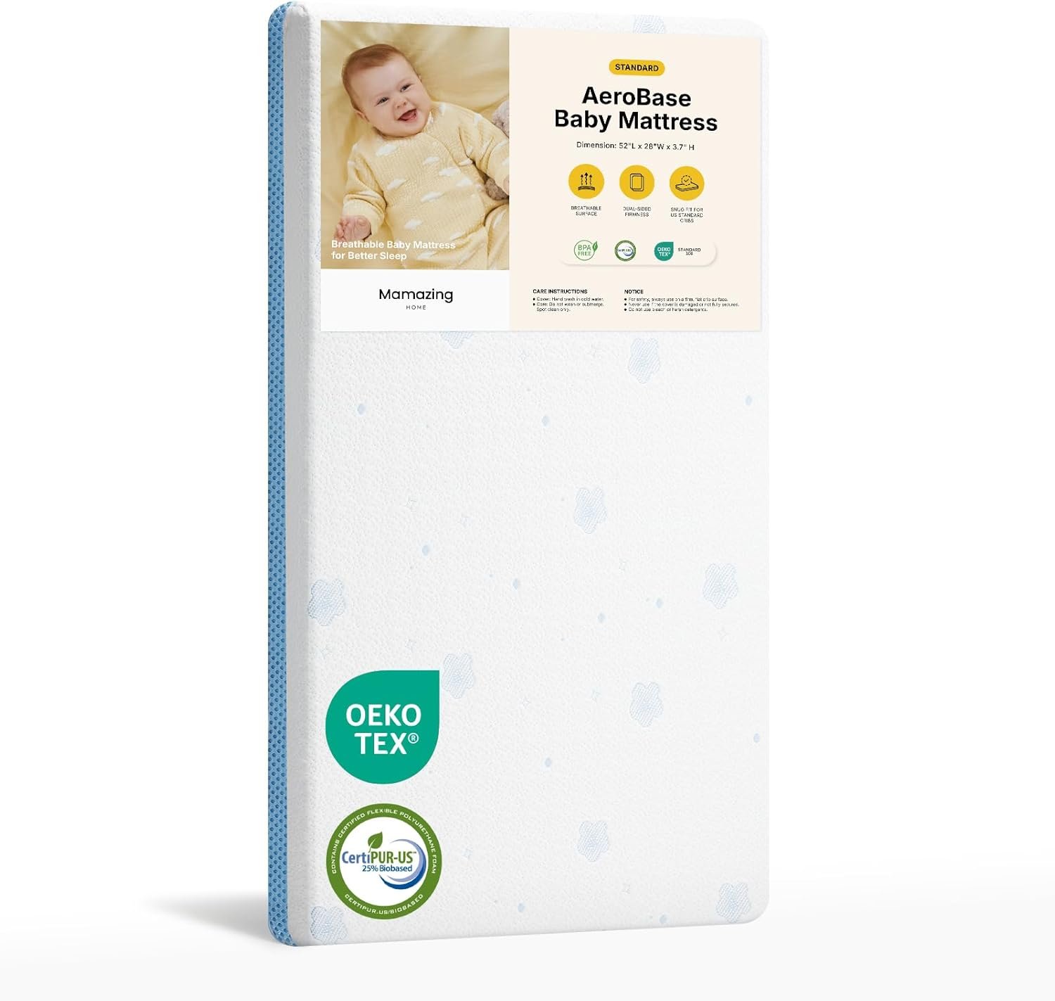 MAMAZING Aerobase Baby Crib and Toddler Mattress, 2-Stage Breathable Mattress, Non-Toxic, Waterproof Sleep Surface, Machine-Washable Cover for Easy Care, Fits Standard Baby Crib & Toddler Bed