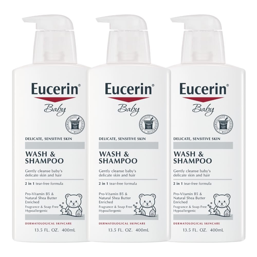 Eucerin Baby Unscented Baby Shampoo and Body Wash, Hypoallergenic, Tear Free Shampoo and Wash with Pro-Vitamin B5 and Shea Butter, 13.5 Fl Oz Bottle 3 pack