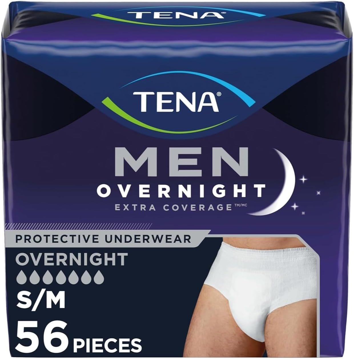 Tena Men Overnight Extra Coverage Incontinence Underwear, Masculine and Discreet, S/M, 56 Count (Waist Size 34in-50in)