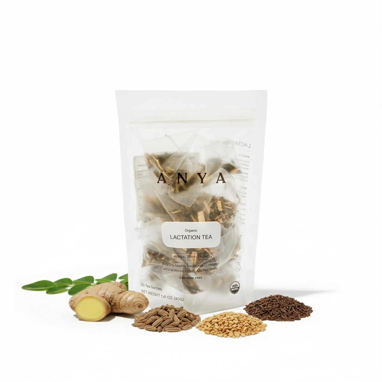 ANYA Herbal Lactation tea, 20 bags – Ginger, Moringa, Fenugreek, Toxicologist-approved, Breastfeeding Safe. Organic Essentials hydration for postpartum Moms, Breastmilk production Nursing support Baby Shower Gifts