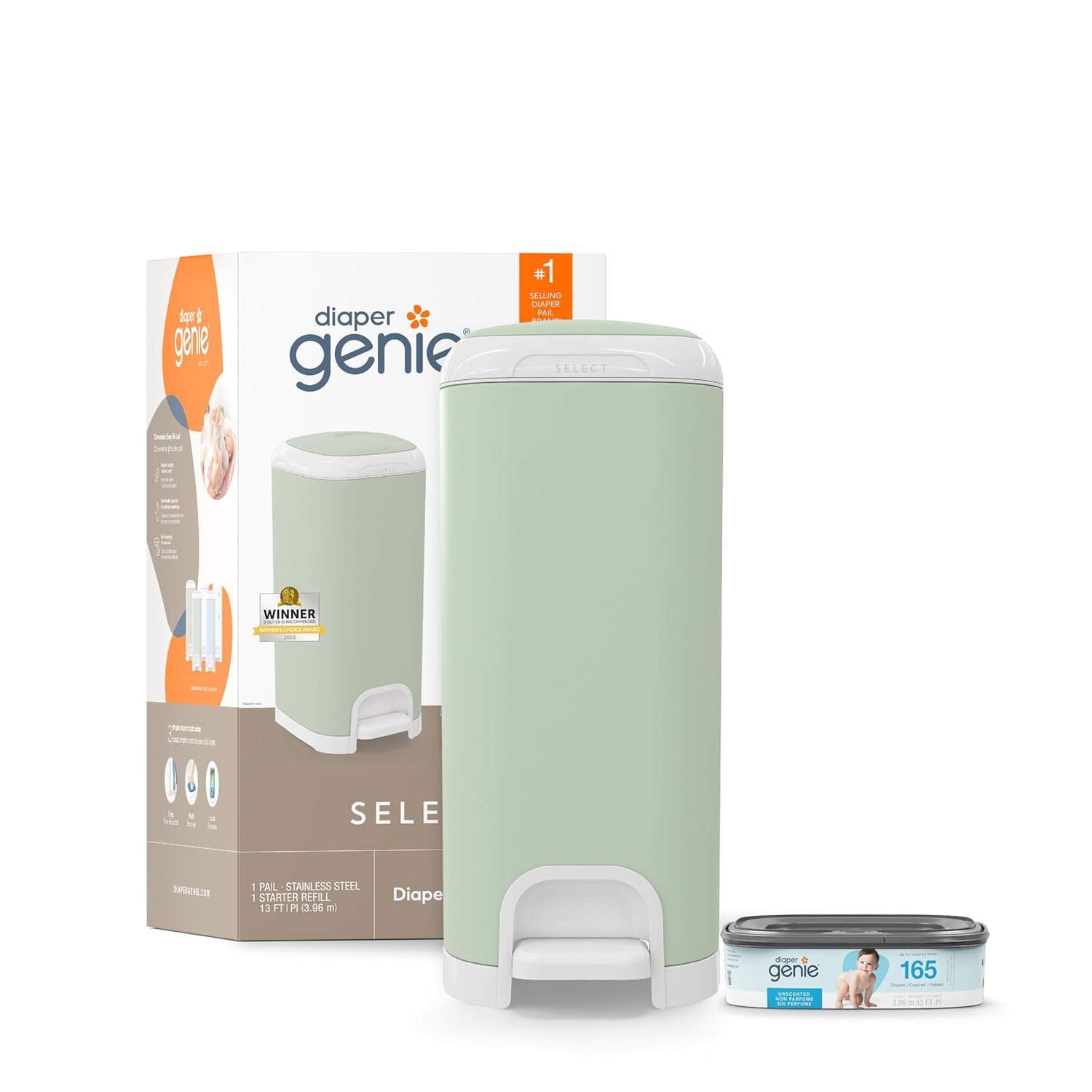 Diaper Genie Select Pail (Green) is Made of Durable Stainless Steel and Includes 1 Starter Square Refill That can Hold up to 165 Newborn-Sized Diapers.