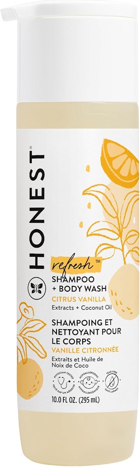 The Honest Company 2-in-1 Cleansing Shampoo Body Wash, Gentle for Baby, Naturally Derived, Tear-free, Hypoallergenic, Citrus Vanilla Refresh, 10 fl oz