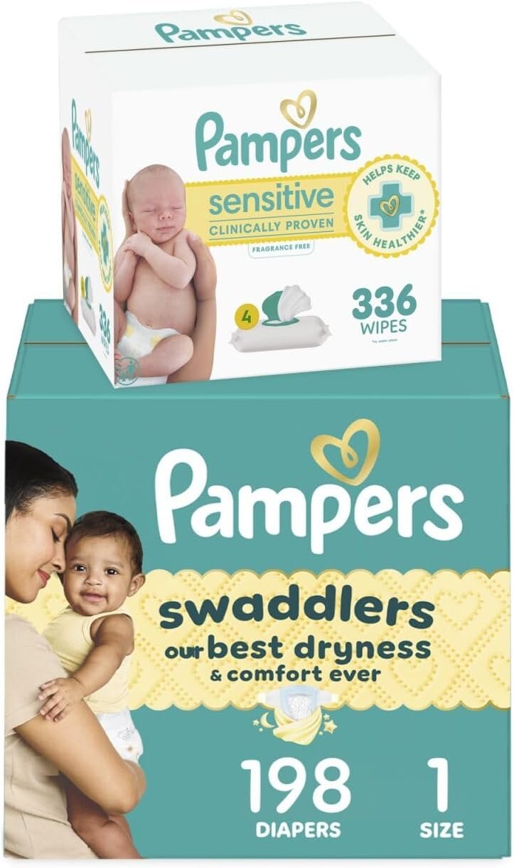 Pampers Swaddlers Disposable Baby Diapers Size 1, 198 Count with Sensitive Water Based Baby Wipes 4X Pop-Top Packs (336 Count)