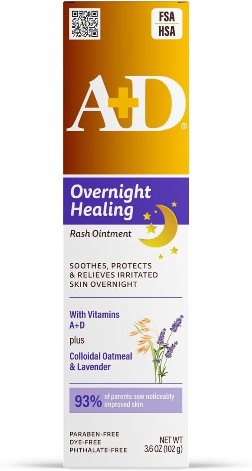 A+D Overnight Healing Diaper Rash Ointment – Soothes, Protects & Relieves Diaper Rash Overnight with Lavender & Colloidal Oatmeal – Healing Ointment for Red, Itchy, Irritated Skin – 3.6oz