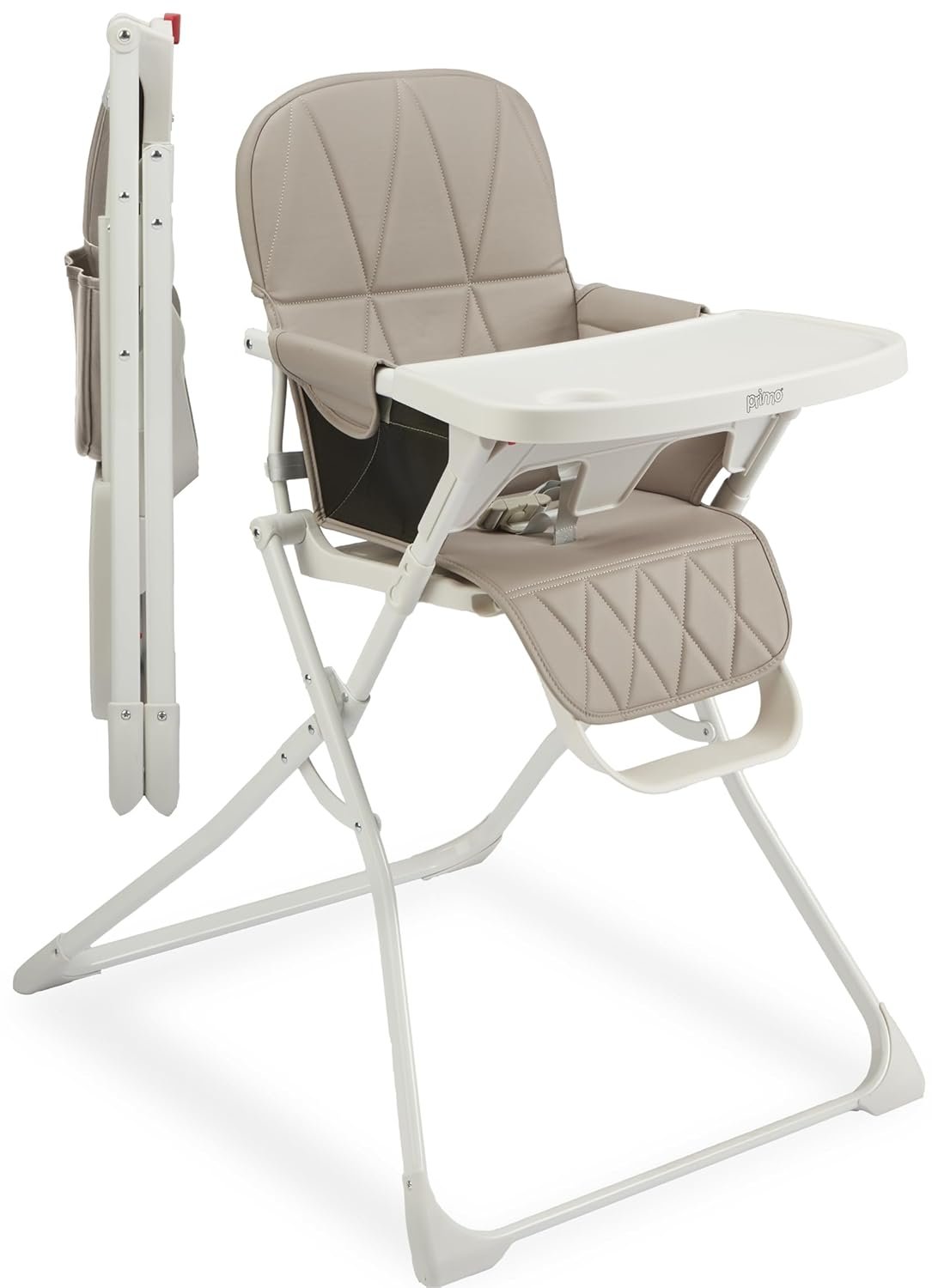 Primo PopUp Folding High Chair for Baby Age 6 to 36 Months – Taupe Folding Beach Style High Chair with Removable Dishwasher Safe Tray, 3pt Safety Harness, Leatherette Seat – Space Saving Design