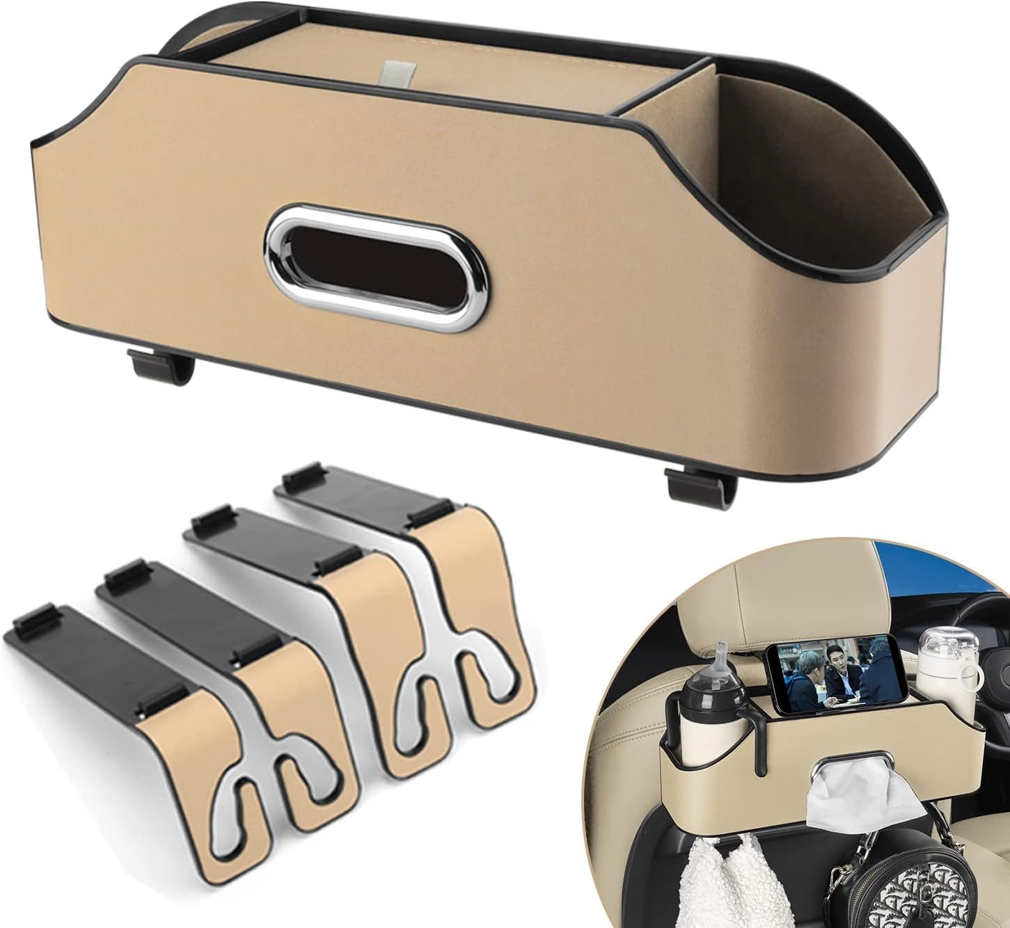 Car Seat Back Organizer – Stylish & Functional Storage for Family Adventures – Cup Holders, Tissue Box & Hooks – Perfect for Kids, Road Trips & Travel (Beige)