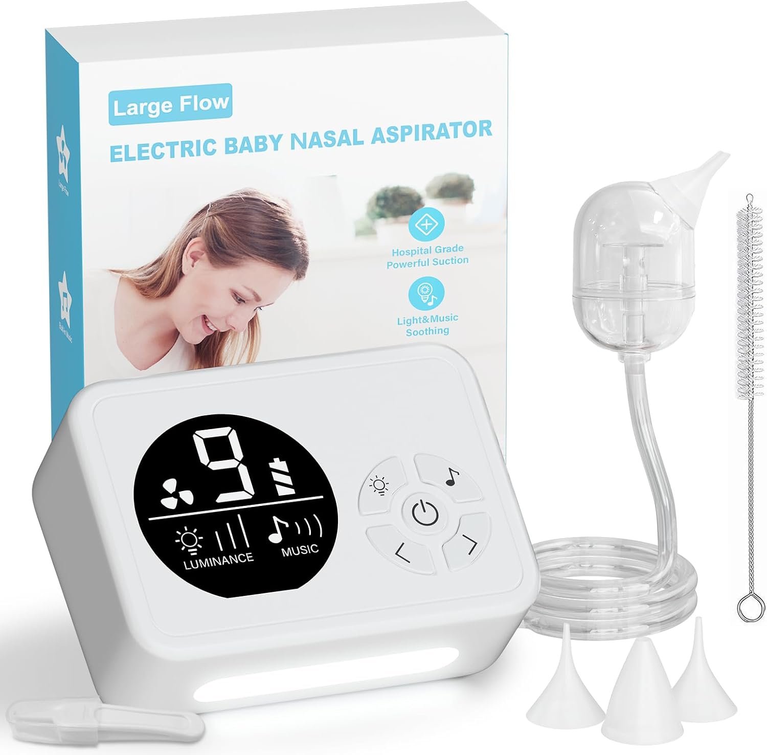 Nasal Aspirator for Baby, Nose Sucker with 9 Suction Levels, Electric Snot Sucker, 3 Levels Night Light & Nursery Rhyme Soothing Function, Food-Grade Silicone Tips