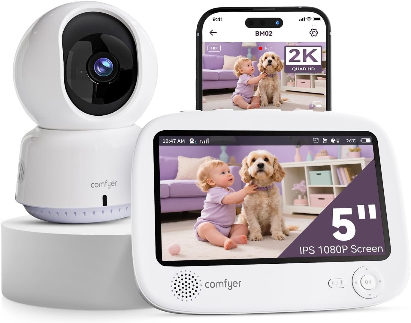 Hybrid Video No WiFi & Smart WiFi Baby Monitor – 5″ 1080P Split Screen & 2K Camera App Control, Motion Alerts, Sound Detection, HD Night Vision, 5050mAh Battery,Triple Security, 1600ft Range