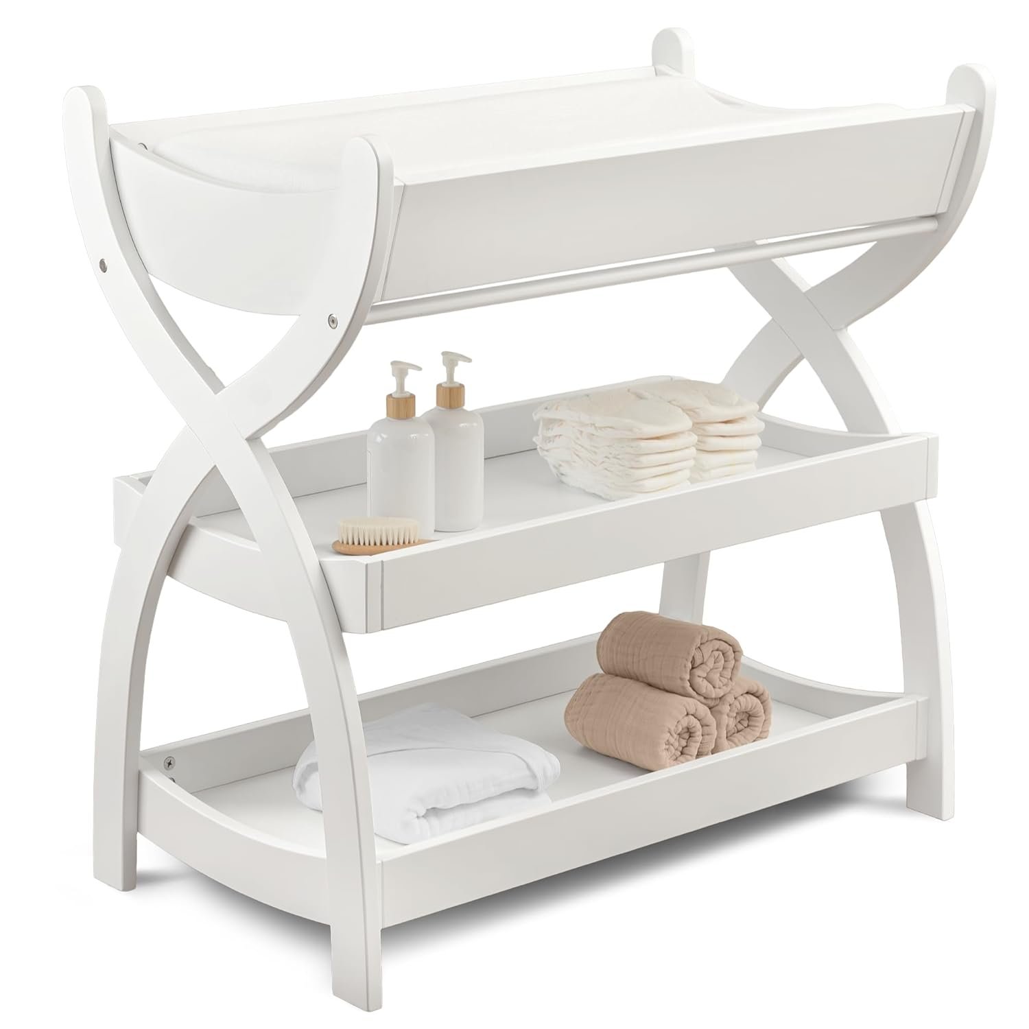 Comfy Cubs Baby Changing Table – Sturdy Wood Construction, Timeless Look Baby Change Table with Two Open Shelves for Infant Daycare Essentials Storage – White
