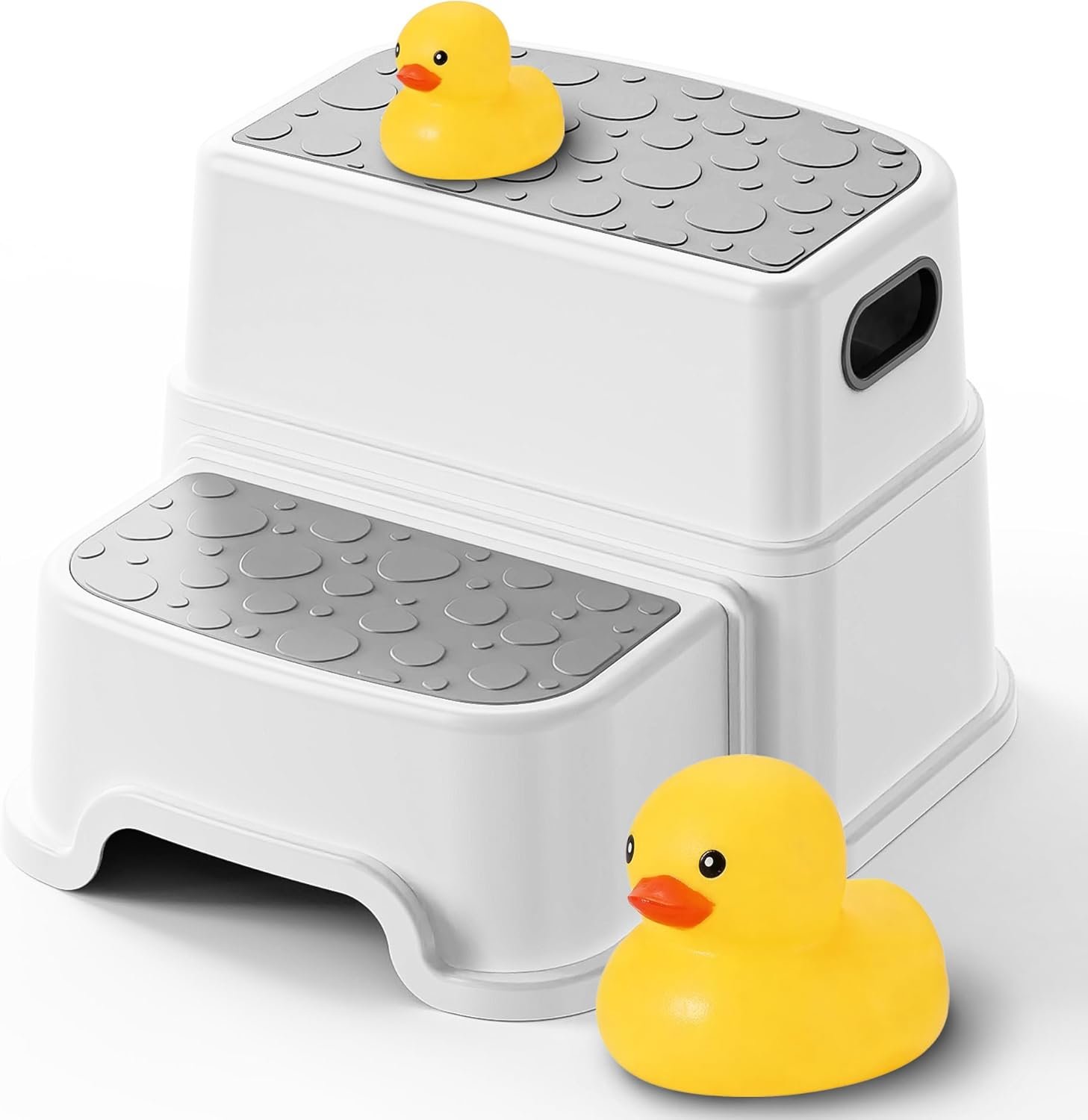 UNCLE WU Toddler Step Stool for Potty Training, Bathroom Sink & Toilet – 2 Step Kids Poop Stool, Non-Slip Step Stool with Handles, Dual Height Stepping Stool for Kitchen Counter (Include 2 Ducks)