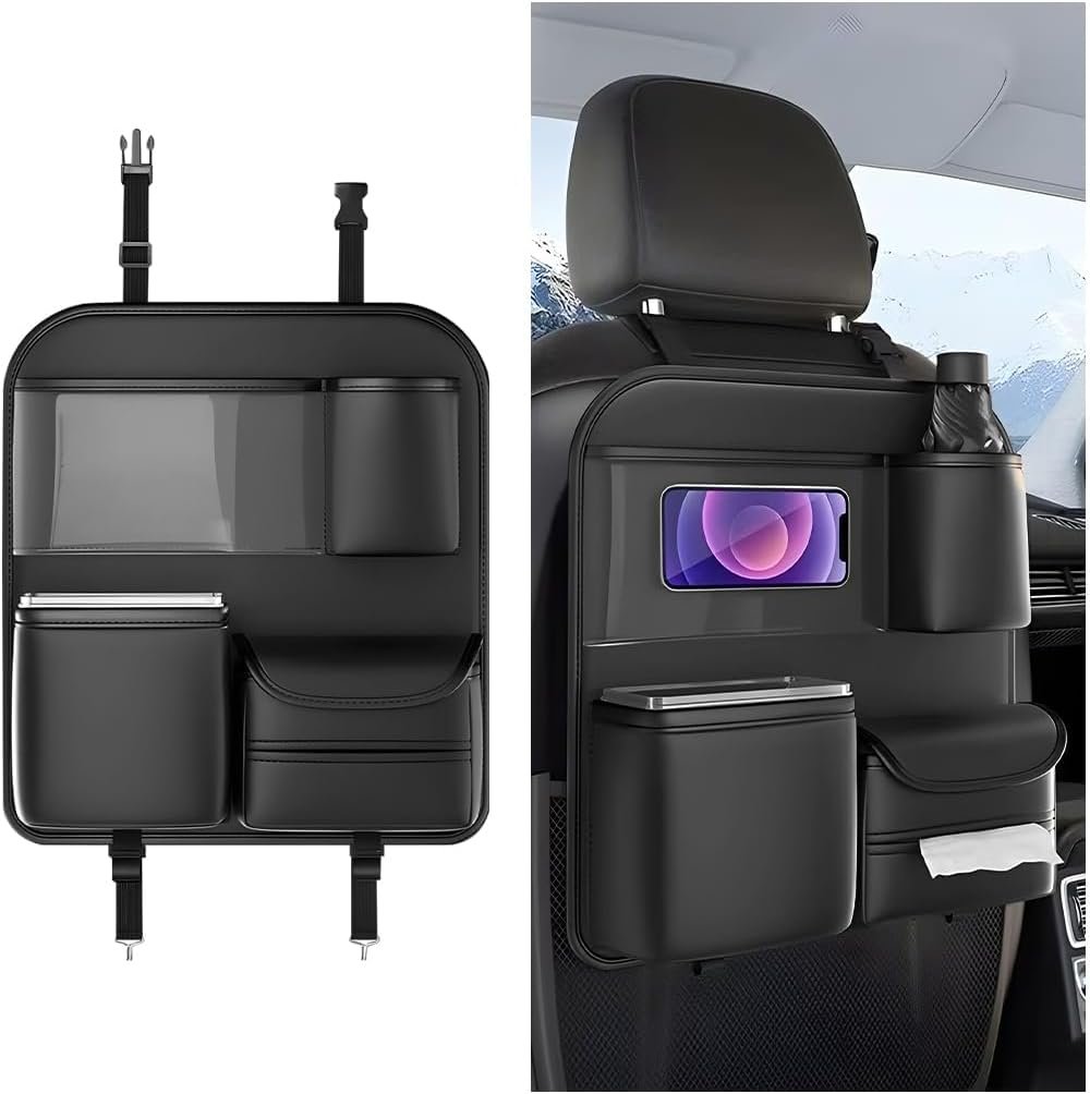 Car Backseat Organizer, 4 Storage Pockets Vehicle Back Seat Protector Kick Mat with Touch Screen Tablet Holder, Automotive Travel Storage Accessories, Universal for Truck SUV RV