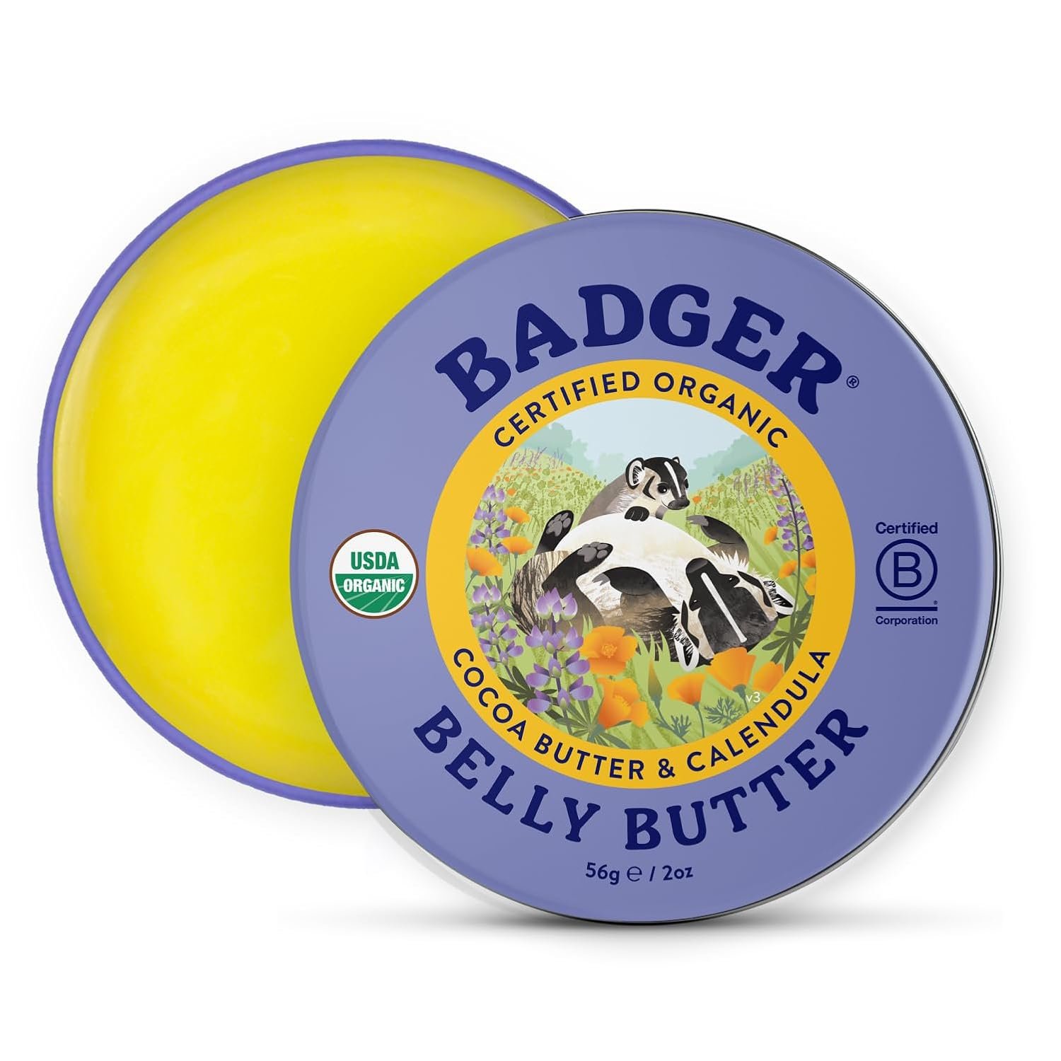Badger Belly Butter, Organic Stretch Mark Cream for Pregnant Belly, Rich Hypoallergenic Moisturizing Organic Cocoa Butter & Coconut Body Butter for Women, 2 oz Tin