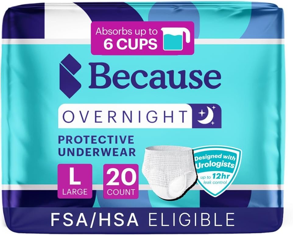Because Overnight Absorbency Pull Ups – Adult Disposable Incontinence Underwear, Extra Absorbent Nighttime Briefs for Men and Women, White, Large, 20 Count