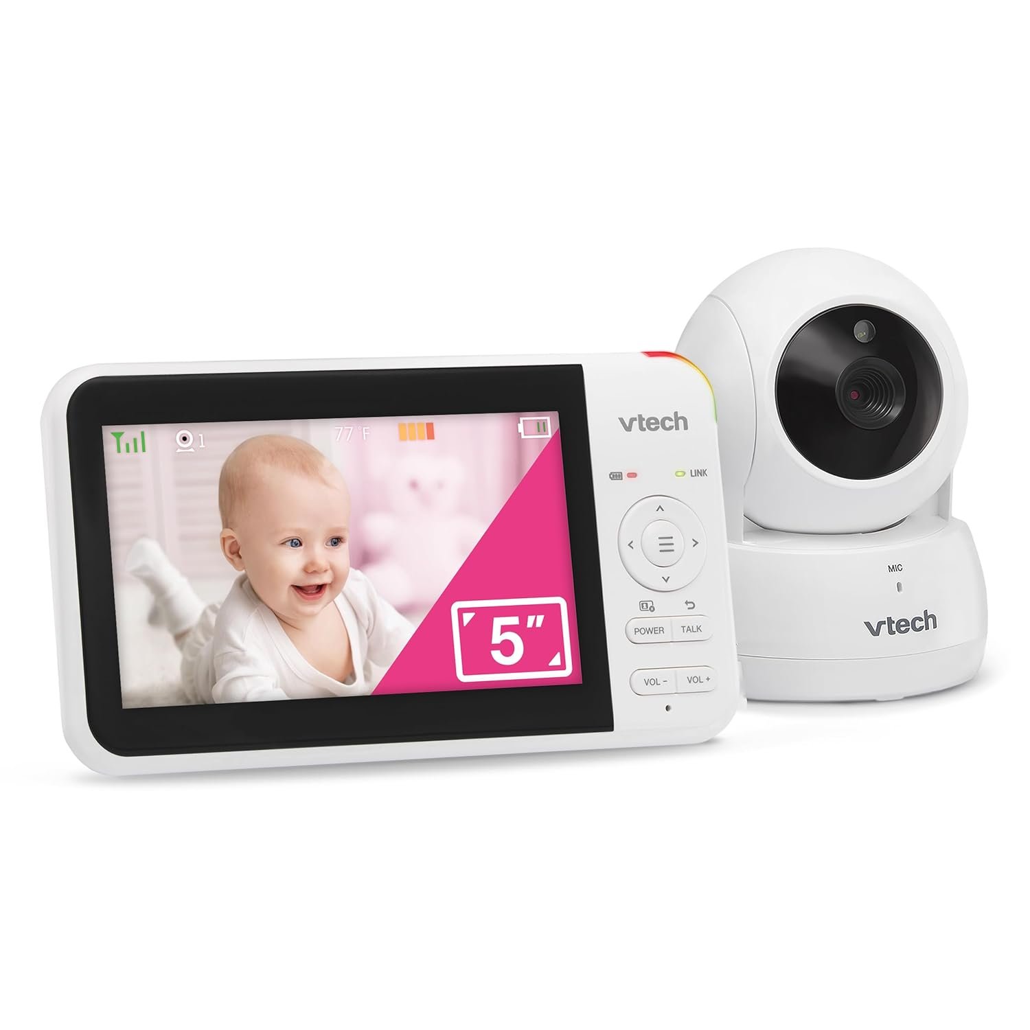 VTech VM924 No WiFi Remote Pan-Tilt-Zoom Video Baby Monitor – 5″ LCD Screen, Up to 17Hrs Video/31Hrs Audio Battery, 1000ft Range, Night Vision, Soothing Sounds, Temperature Sensor