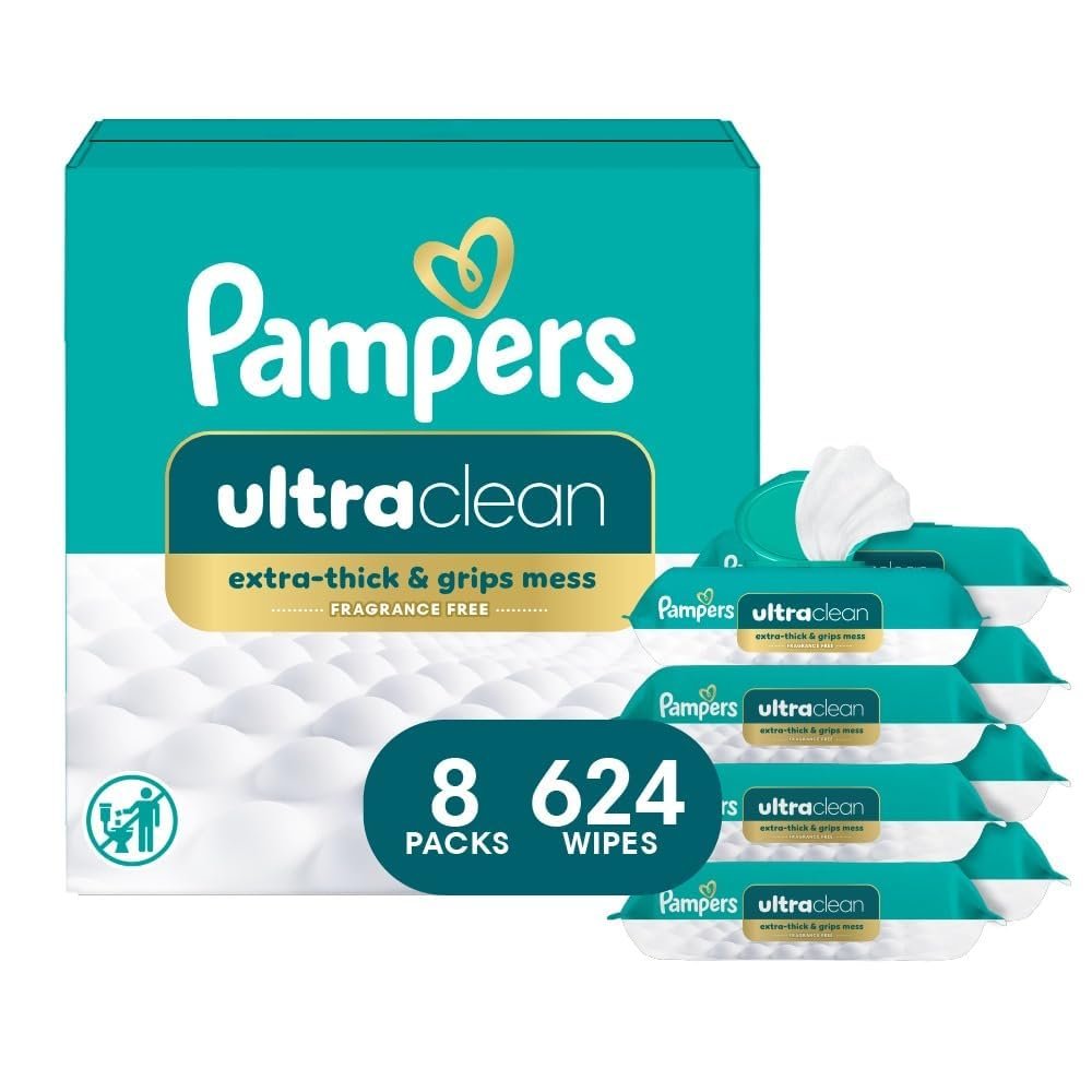 Pampers Ultra Clean Baby Wipes (Previously ‘Free & Gentle’), 99% Water, Hypoallergenic, Unscented, 100% Plant Based, Plastic-Free, 624 Baby Wipes Total (8X Flip-Top Packs) [Packaging May Vary]