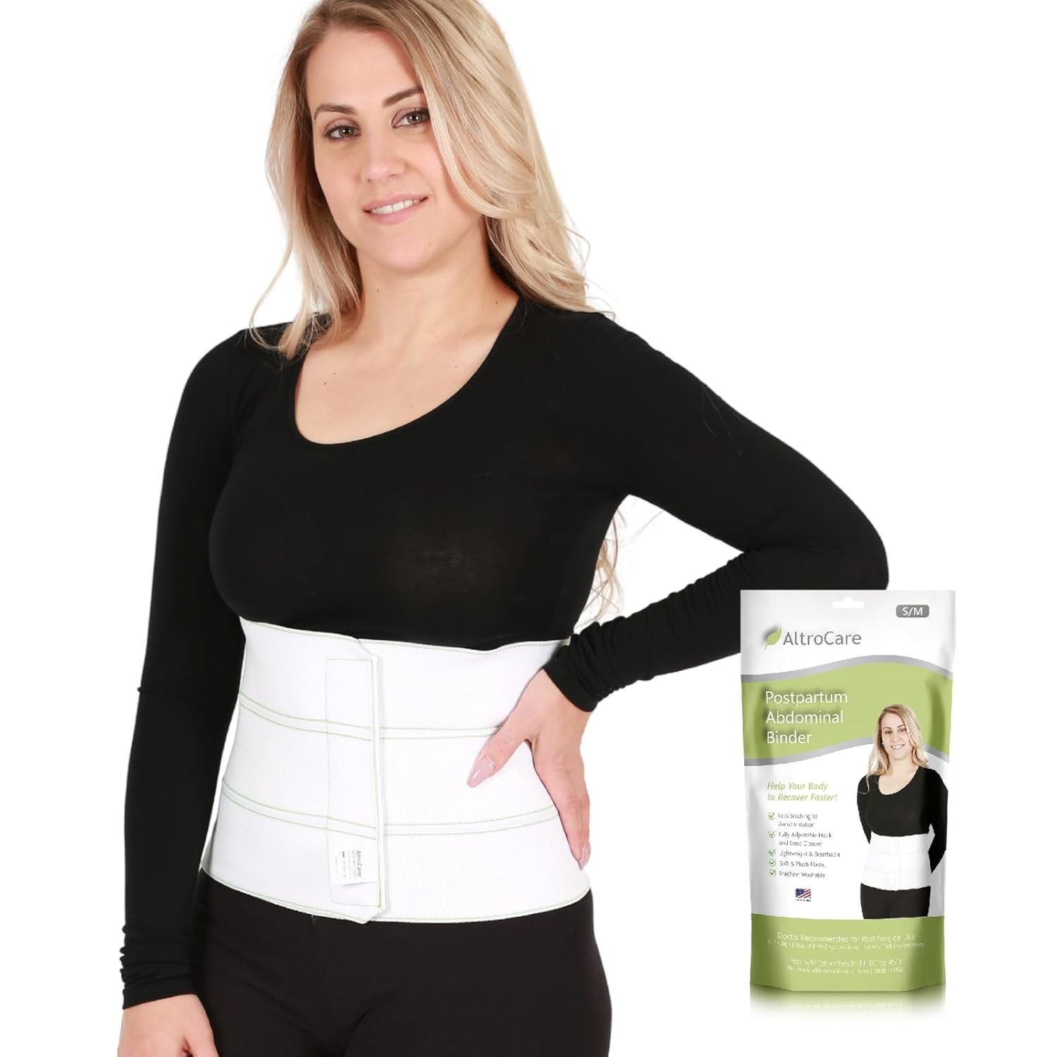 Postpartum & Post Surgery Abdominal Binder. 3-Panel belly band for recovery after childbirth, hysterectomy, tummy tuck, hernia, diastasis recti. Size S/M (30″ to 45″). Made in USA.