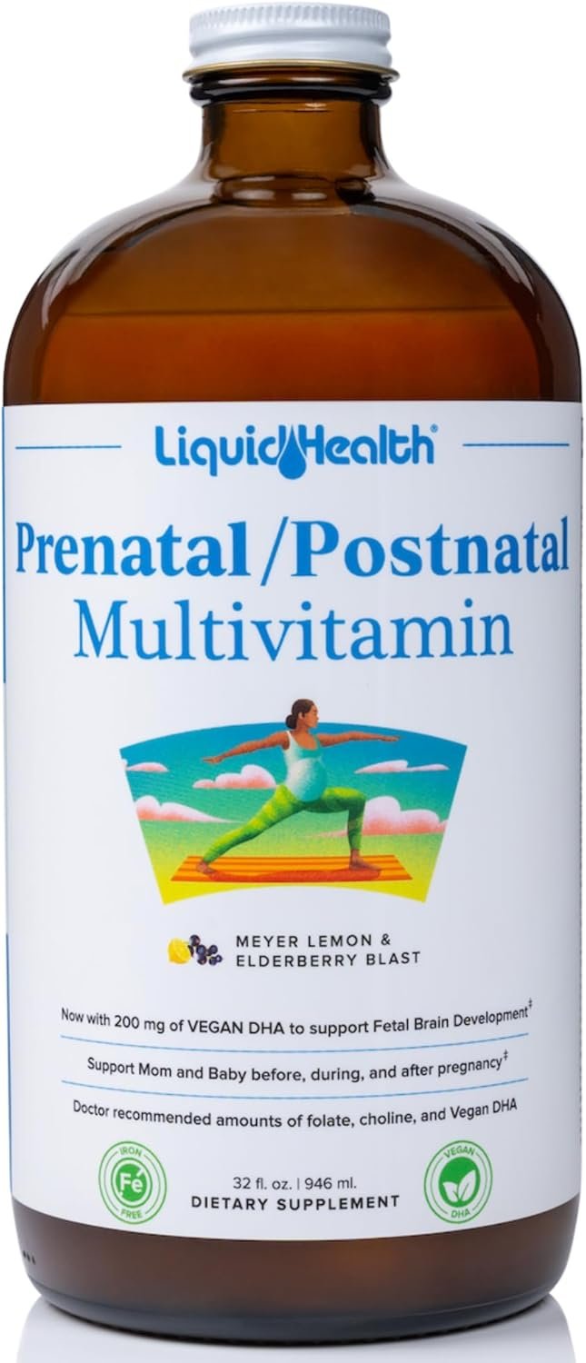 LIQUIDHEALTH Prenatal/Postnatal Multiple Liquid Women’s Multivitamin with Real Folate – Pre & Postnatal Vitamins for Before, During, After Pregnancy – Made in USA, Vegan, Sugar-Free, Non-GMO (32 oz)
