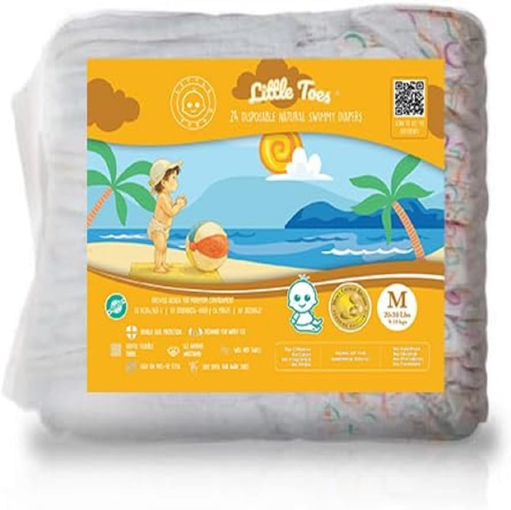 Little Toes Premium Natural Disposable Swim Diapers, Size 3-4 Medium (20-30 lbs) (24 Count) | Baby Disposable Swim Diapers | Hypoallergenic, Chlorine & Fragrance-Free | Gentle on Sensitive Skin