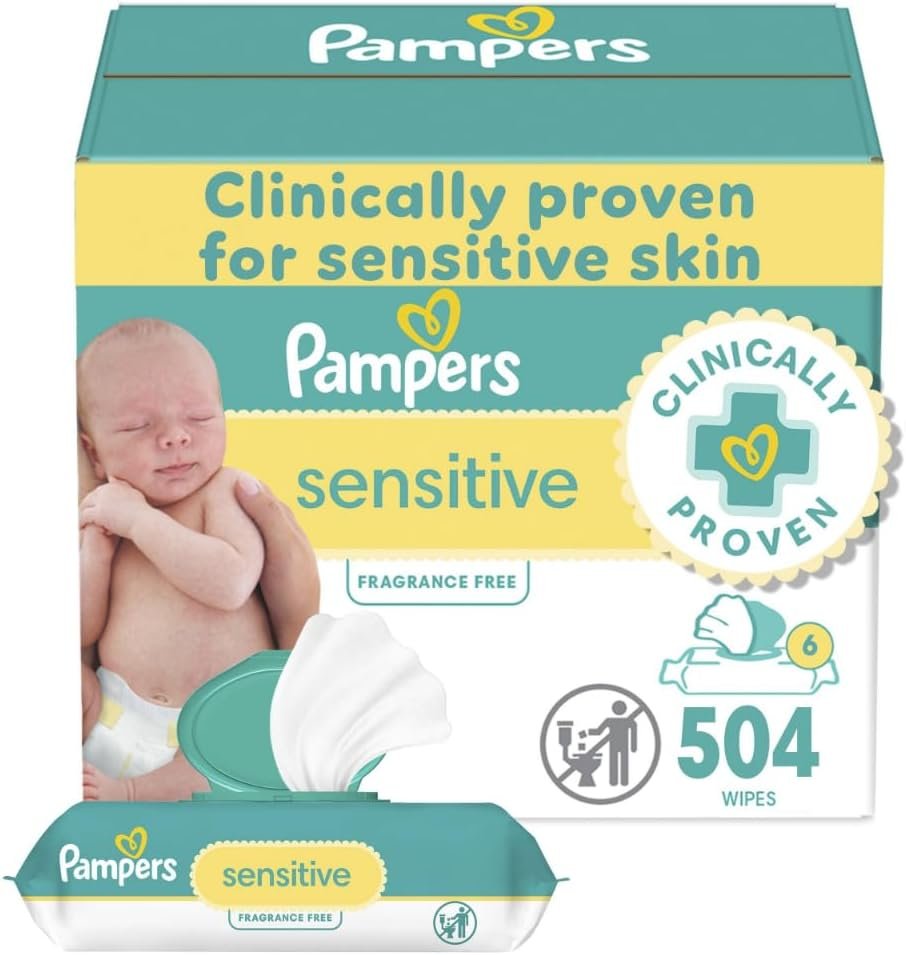 Pampers Baby Wipes Sensitive, Water Based Hypoallergenic and Unscented 504 Total (6 Flip-Top Packs)