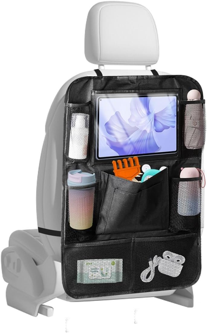 Car Backseat Organizer, Oxford Cloth Kick Mats Back Seat Protector with 9 Pockets & Clear Tablet Holder, Universal Waterproof Car Road Trip Essentials Storage Accessory (1PC)