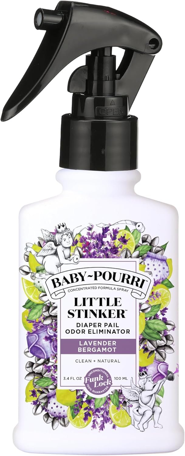 Baby-Pourri Little Stinker Diaper Pail Deodorizer Spray, 3.4 Fl Oz, Up to 150 Uses, Odor Freshener with Essential Oils, Nursery Essentials, Lavender, Bergamot, Eucalyptus & Vanilla Scent