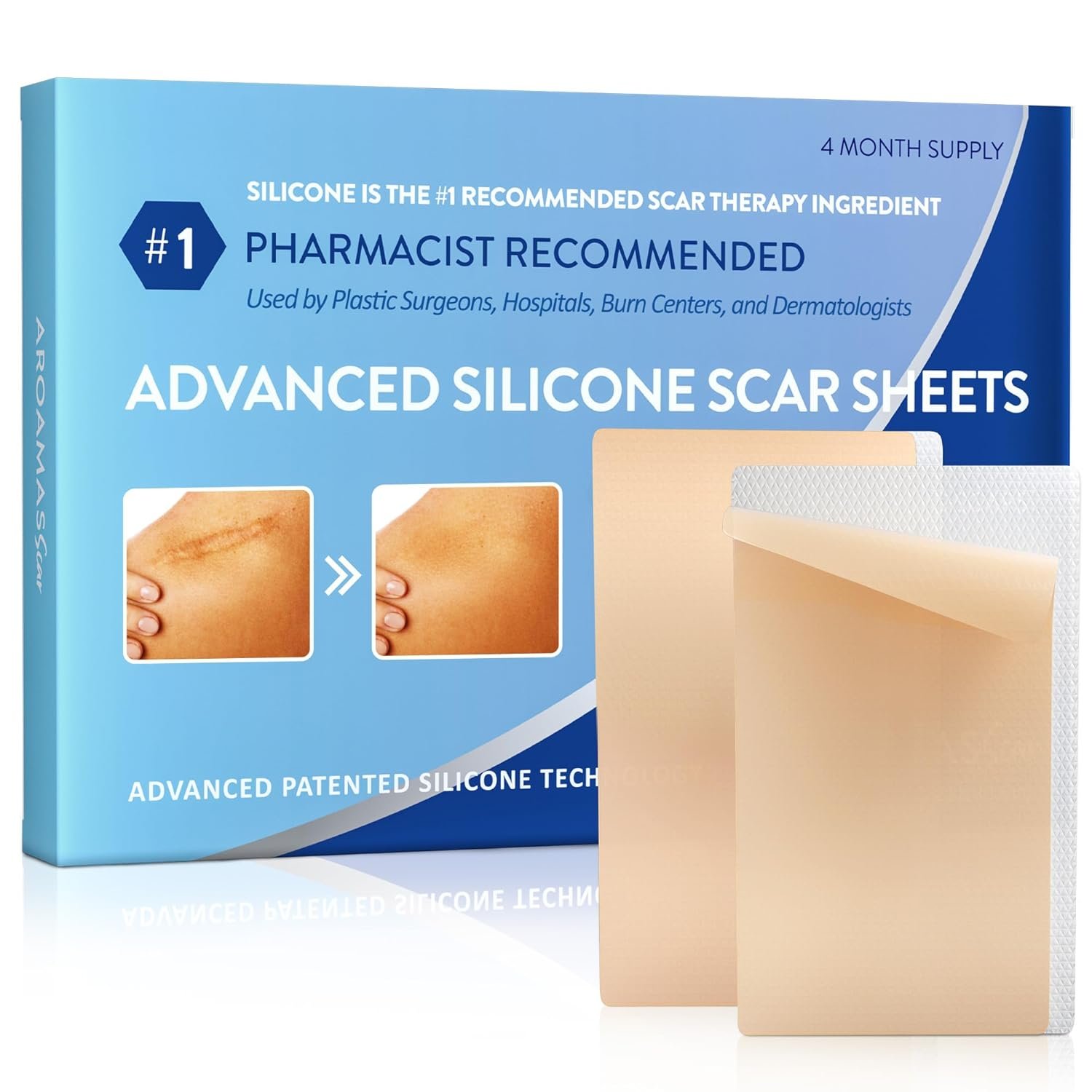 Aroamas Scar Silicone Scar Tape – Medical-Grade Silicone Scar Sheets to Help Improve The Appearance of Scars and Scratch Marks, Reusable for Face & Body [3″ x 1.57″, 8 Sheets]