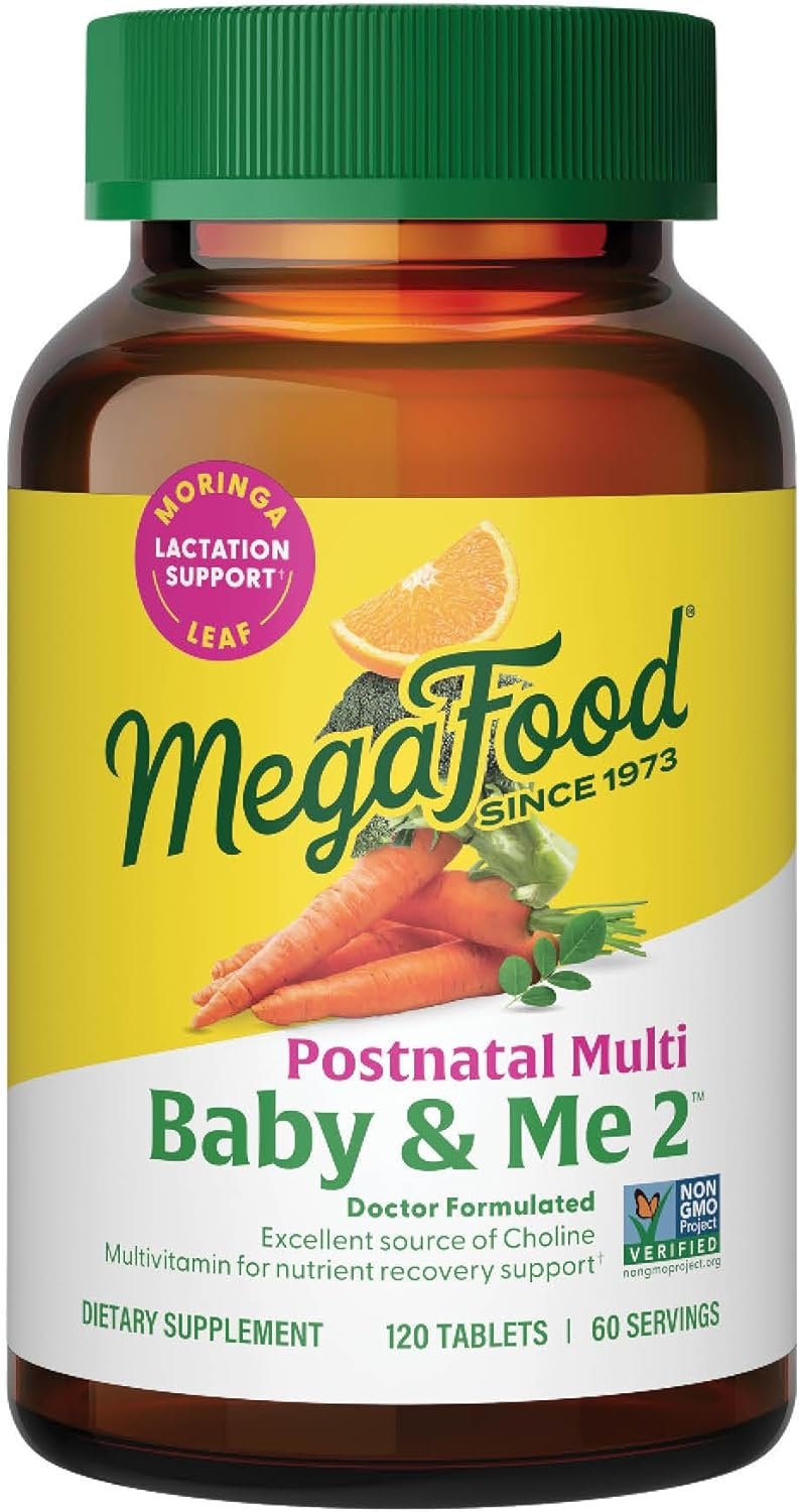 MegaFood Baby & Me 2 Postnatal Vitamins for Women Breastfeeding with Folate (Folic Acid Natural Form), Choline, Iodine, Vitamin D, Moringa Leaf and More – 120 Tabs (60 Servings)