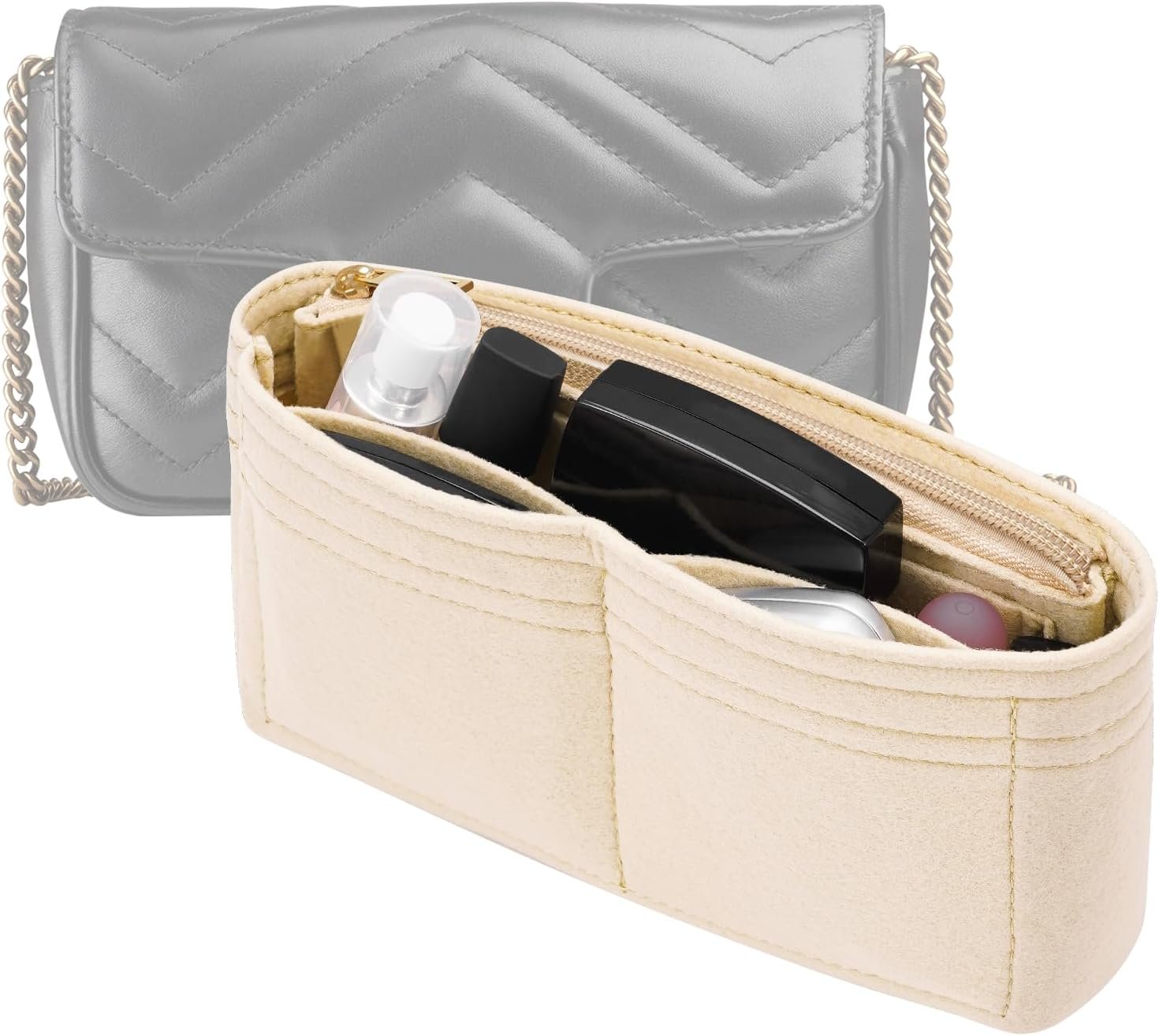 Felt Insert Purse Organizer with Zipper fit GG Marmont Matelasse Shoulder Bag, Organizer Handbag Tote Liner Pouch for Women Inner Bladder Bag Storage Bag (Mini, Beige)