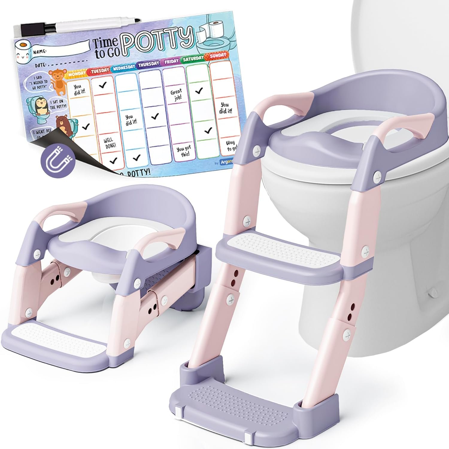 3-in-1 Potty Training Seat, Toddler Toilet Seat with Step Stool Ladder, Toddler Potty Chair for Boys Girls, Foldable with Splash Guard and Anti-Slip Steps, with A4 Size Magnetic Weekly Chart