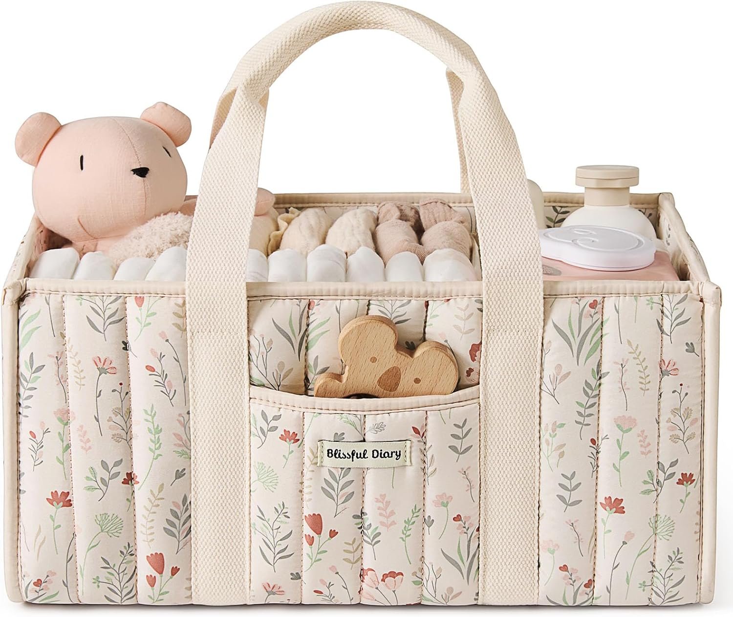 Blissful Diary Floral Diaper Caddy Organizer, Stylish Nursery Storage Basket, Gift for Baby Shower, Newborn Essentials, Floral Beige