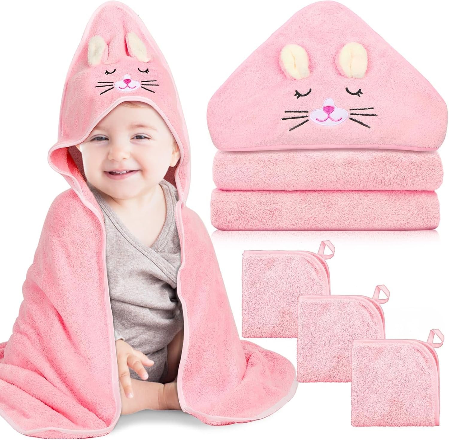 4 PCS Hooded Baby Towels, Absorbent Baby Bath Towel, Soft Baby Towels and 3 PCS Baby Washcloths for Newborns, Toddlers, and Kids, 32×32 in Baby Towel with Hood for Boy and Girl (Pink Kittens)