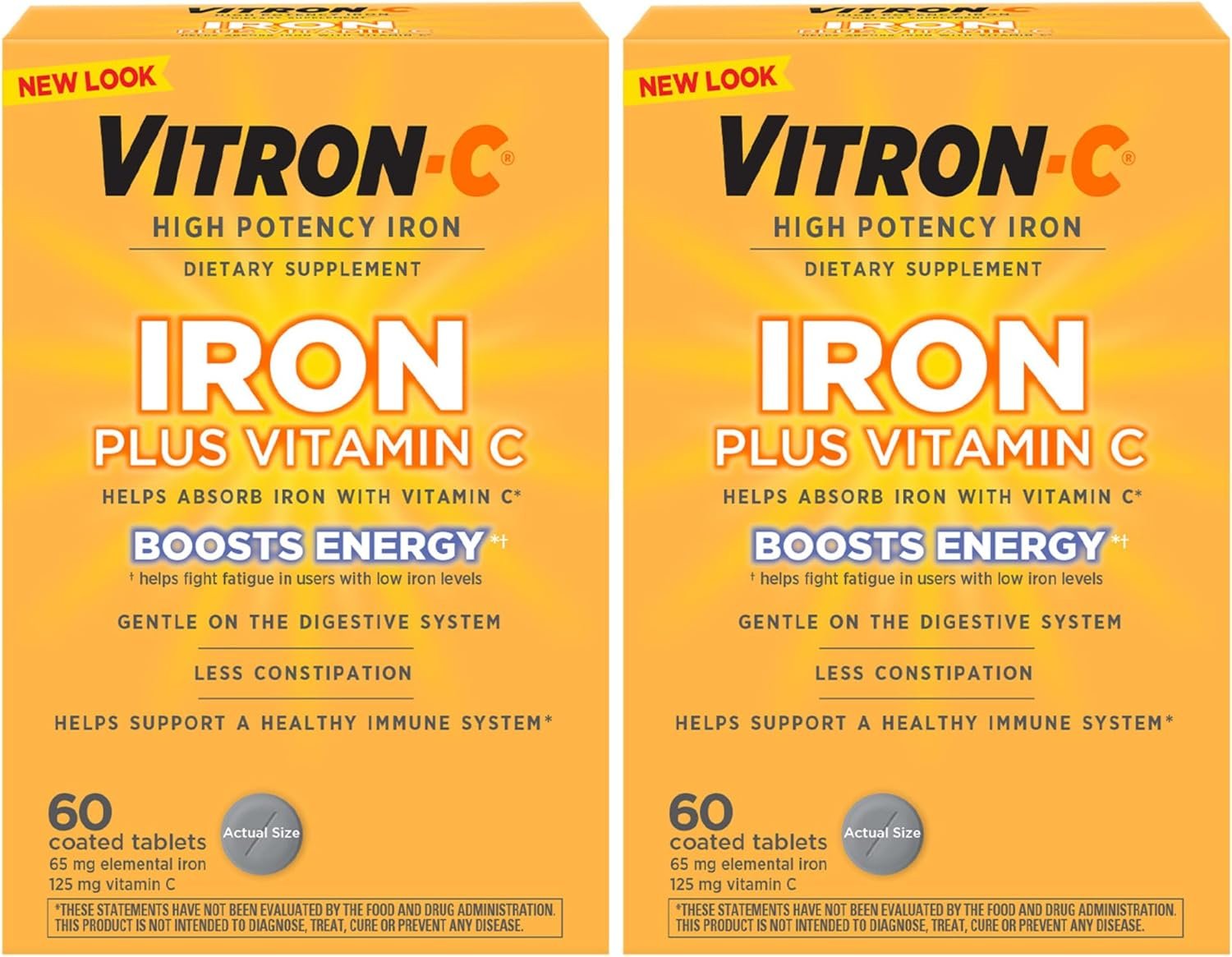 Vitron-C Iron Supplement, Once Daily, High Potency Iron Plus Vitamin C, Support Red Blood Cell Production, Dye Free Tablets, 60 Count, 2 Pack