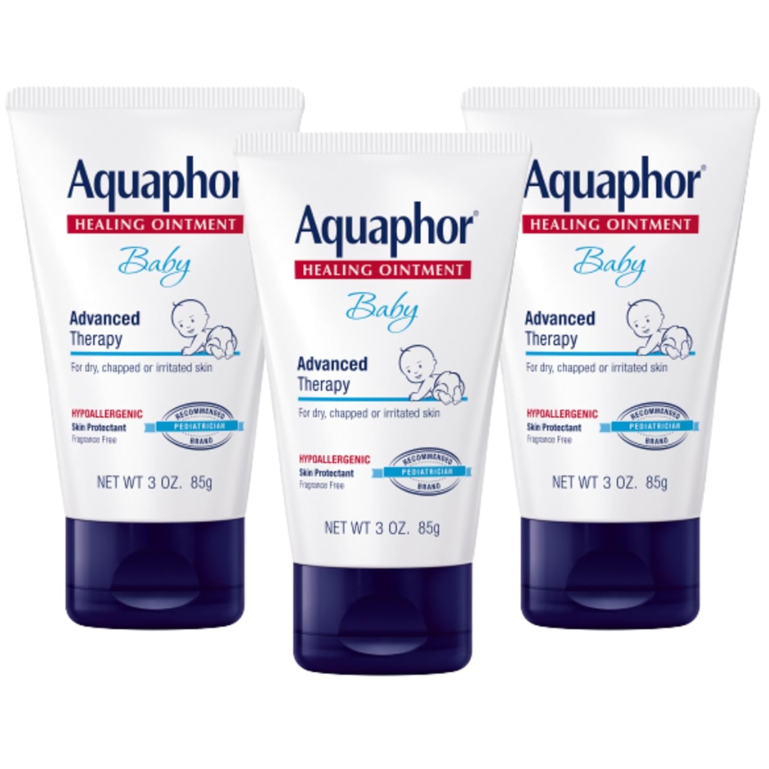Aquaphor Baby Healing Ointment, Advanced Therapy for Chapped Cheeks and Diaper Rash, 3 oz. Tube (Pack of 3)