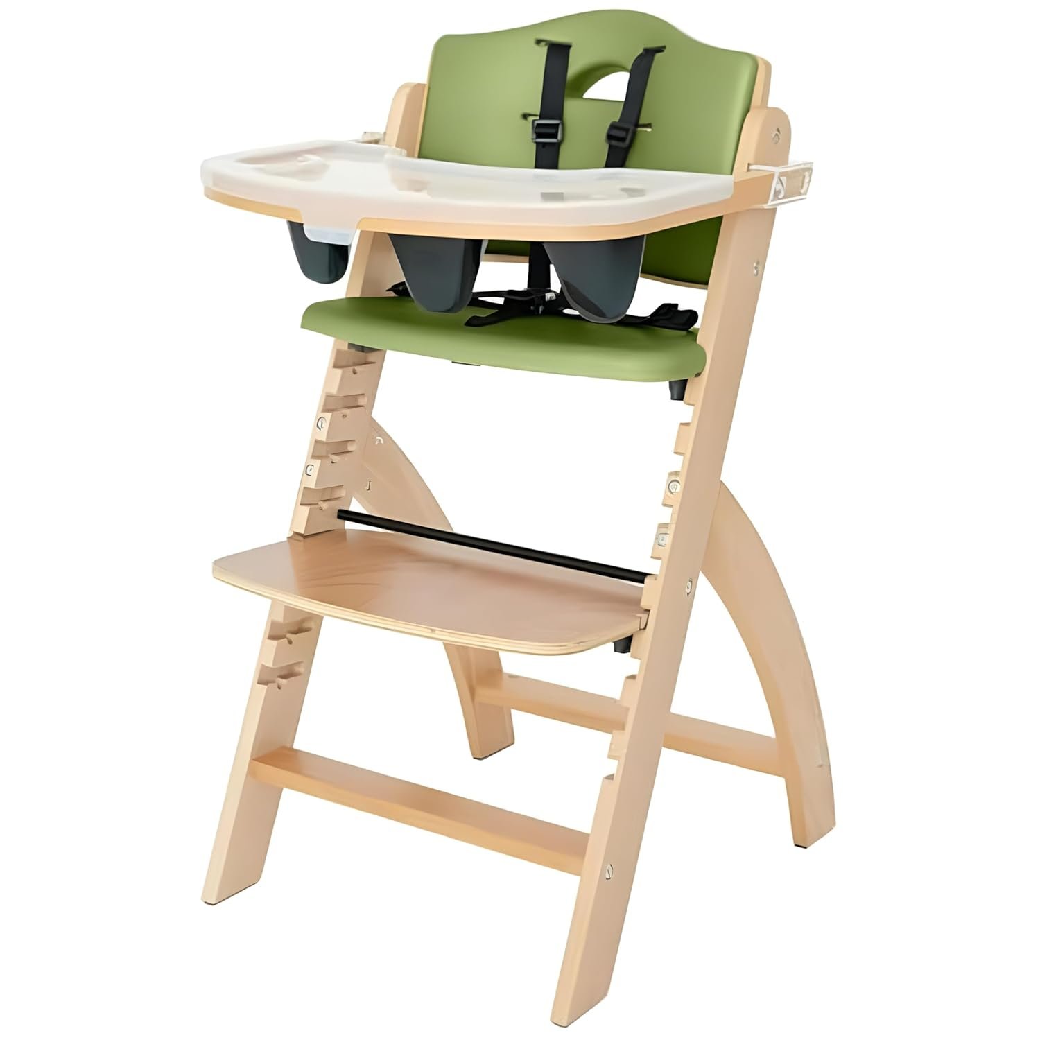 Abiie Beyond Junior Wooden High Chair with Tray – Adjustable and Convertible High Chair for Babies and Toddlers – 6 Months to 250 Lb – Water Resistant – Natural Wood/Olive Cushion
