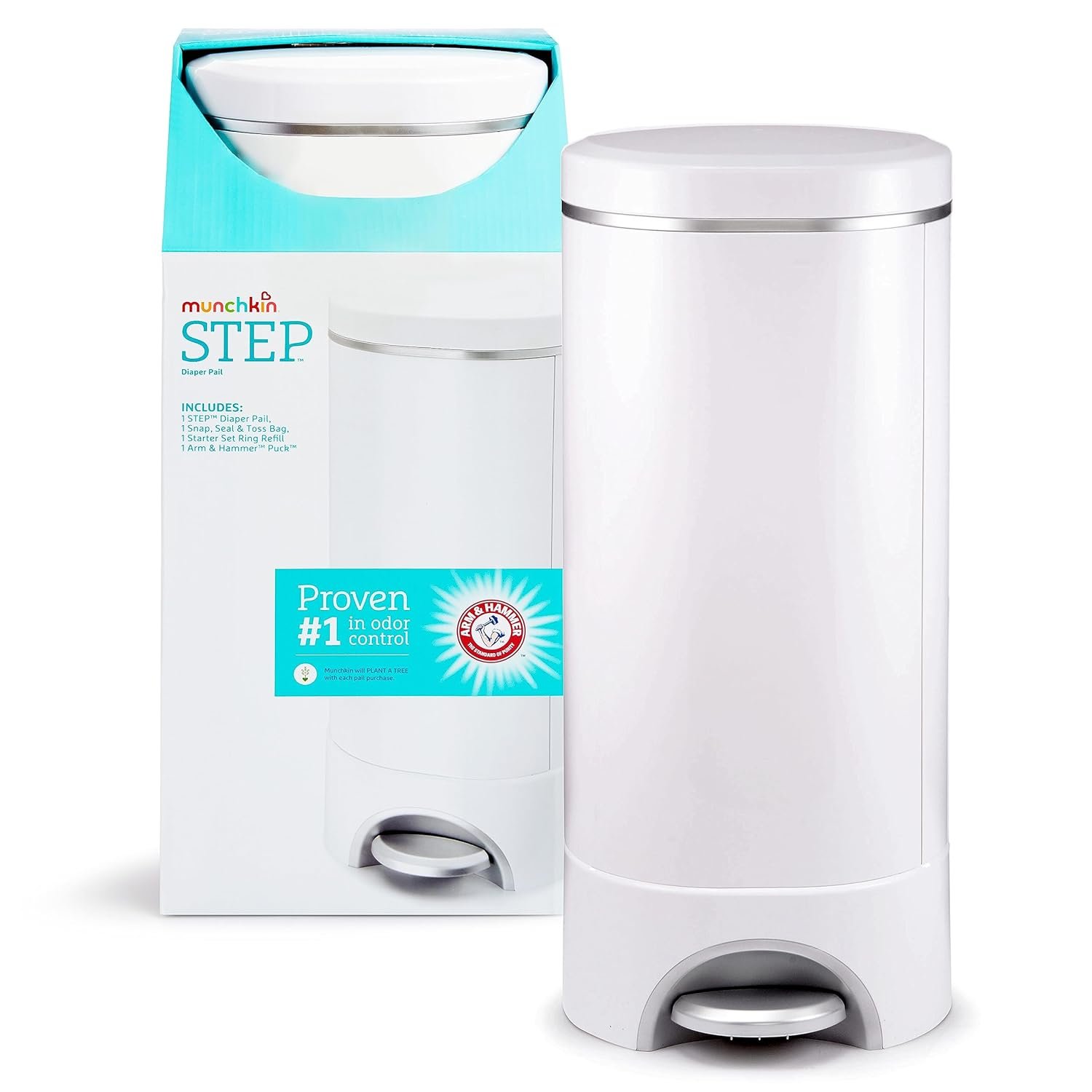 Munchkin® STEP™ Diaper Pail Powered by Arm & Hammer, #1 in Odor Control, Award-Winning, Includes 1 Snap, Seal & Toss™ Bag, 1 Starter Refill Ring, and 1 PUCK™ Baking Soda Cartridge