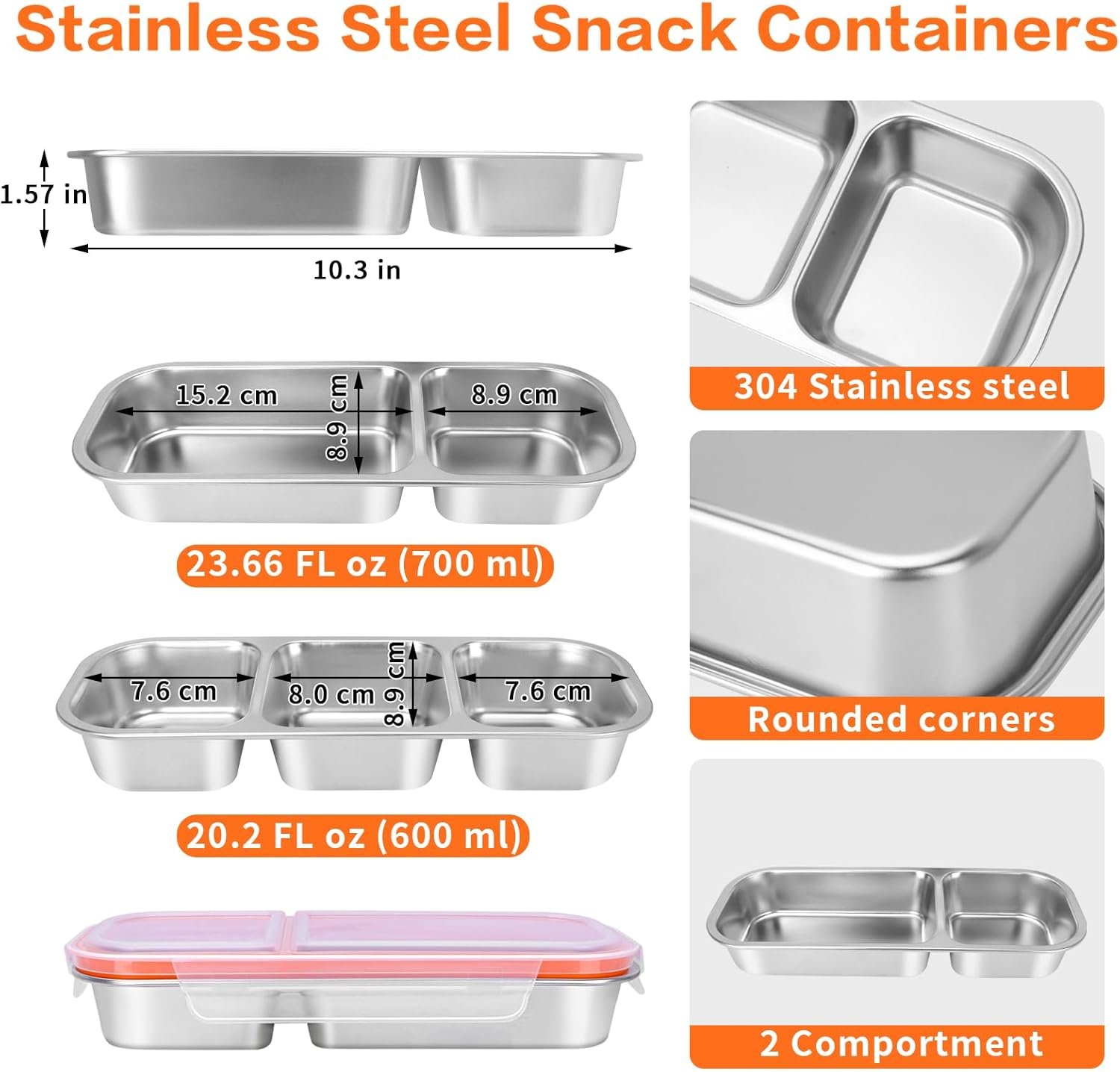 4 Pack Stainless Steel Snack Containers with Lids, 3-Compartments Reusable Lunch Box for Adults, Food Storage Containers Divided Meal Prep Box for Home, Work, Travel