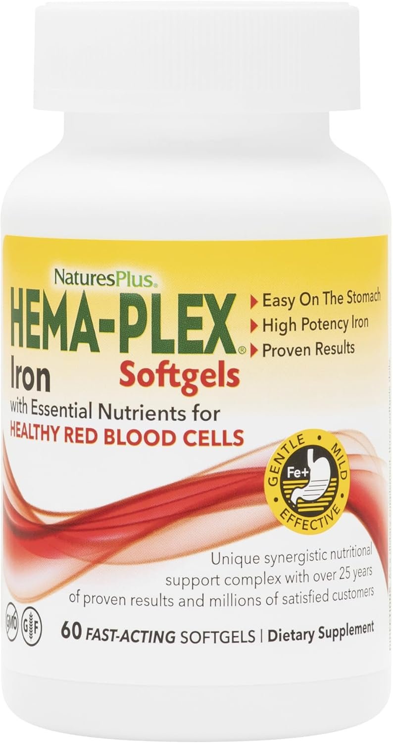 NaturesPlus Hema-Plex Iron – 60 Fast-Acting Softgels – 85 mg Iron + Vitamin C & Bioflavonoids for Healthy Red Blood Cells – Gluten Free – 20 Servings