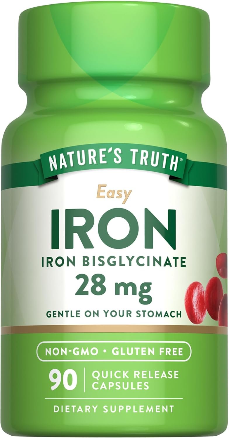 Nature’s Truth Iron Supplement for Women & Men | 28 mg | 90 Capsules | Iron Bisglycinate | Non-GMO, Gluten Free
